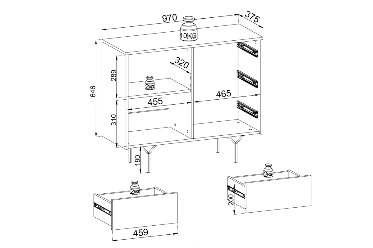 Komoda Ameis 97 cm s 3D čely - černý grafit Komoda s zásuvkami i frontem 3D Ameis 97 cm na kovové podstavě - Černý grafit  - Rozměry