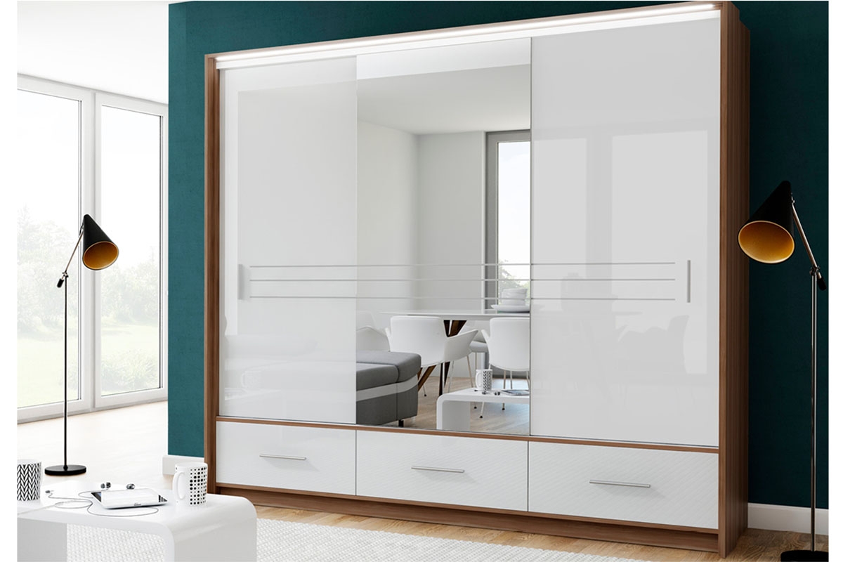 Skříň Amsterdam 250 cm - bílý lesk / zrcadlo skříň Amsterdam 250 aranzacja