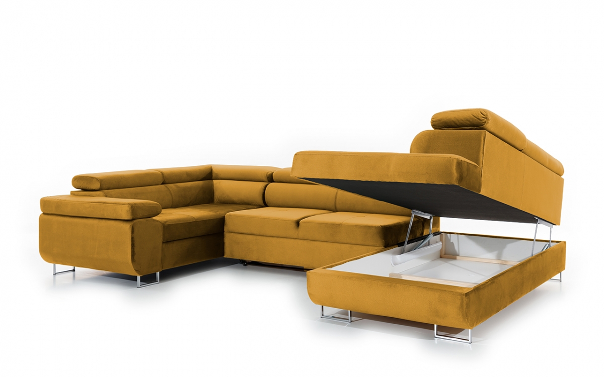 Moderná rohová sedacia súprava Annabelle U - chrómové nožičky zlaté Rohová sedacia súprava annabelle u s úložným priestorom na posciel 
