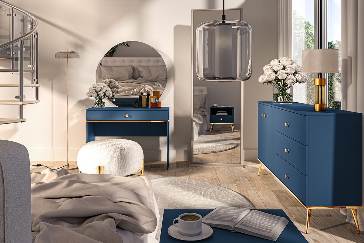 Komoda dvojdverová Naemo 03 s tromi zásuvkami  - Blankyt tmavý / zlaté Modré Nábytok .