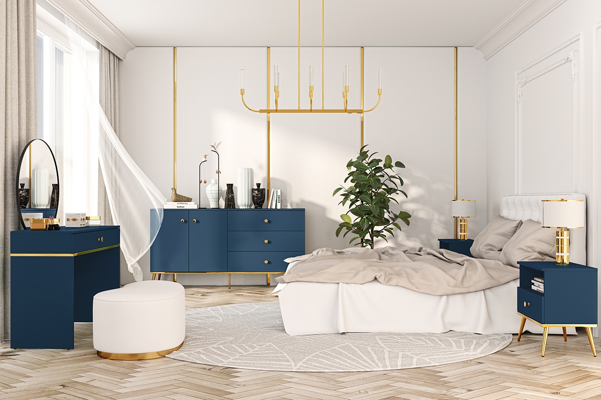 Komoda dvojdverová Naemo 03 s tromi zásuvkami  - Blankyt tmavý / zlaté Modré Nábytok w  spálňa 