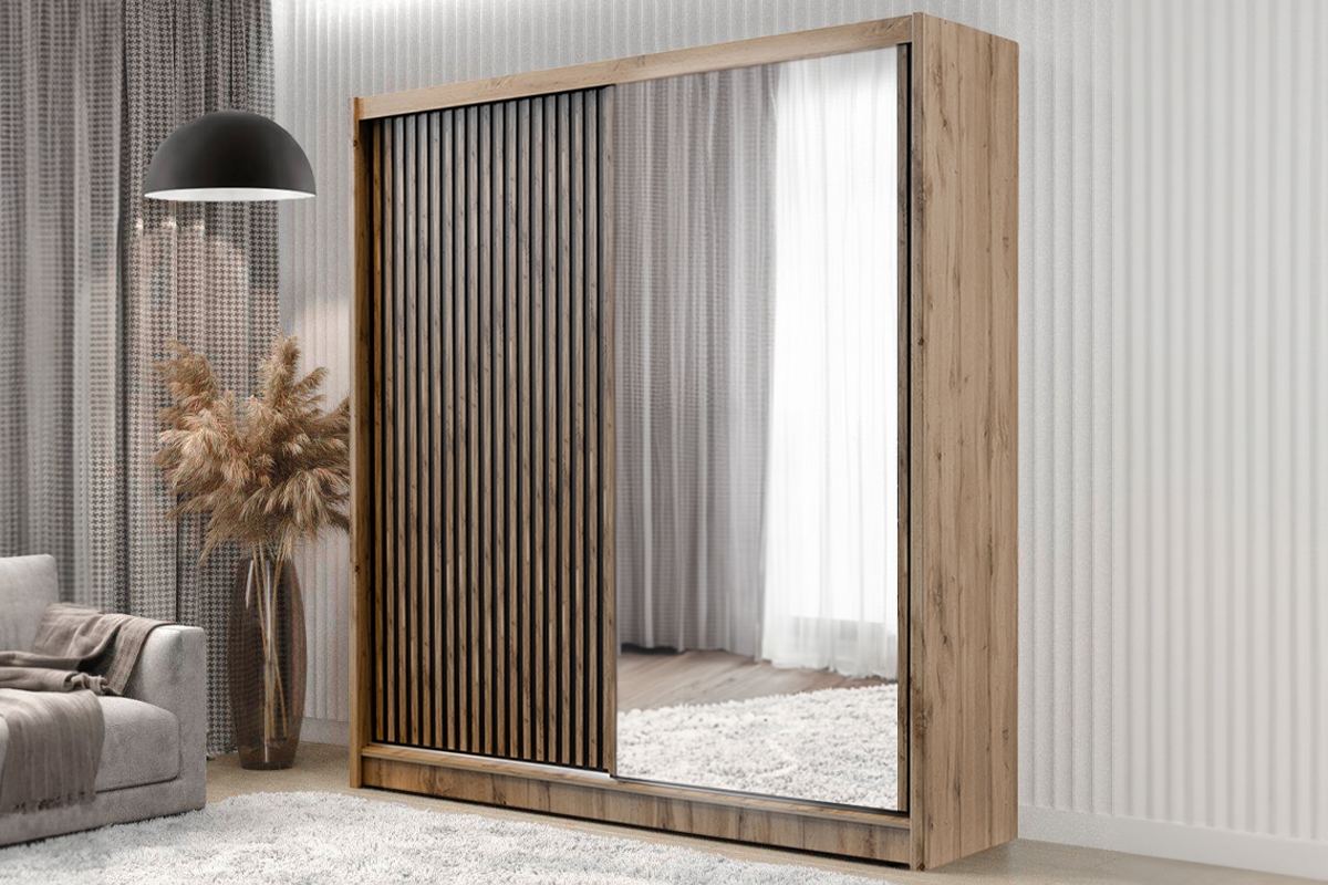 Skriňa s posuvnými dverami s lamelami so zrkadlom London 203 cm - Dub wotan / Čierny Skriňa s posuvnými dverami z lamelami z zrkadlom London 203 cm - Dub wotan / Čierny - vizualizácia 