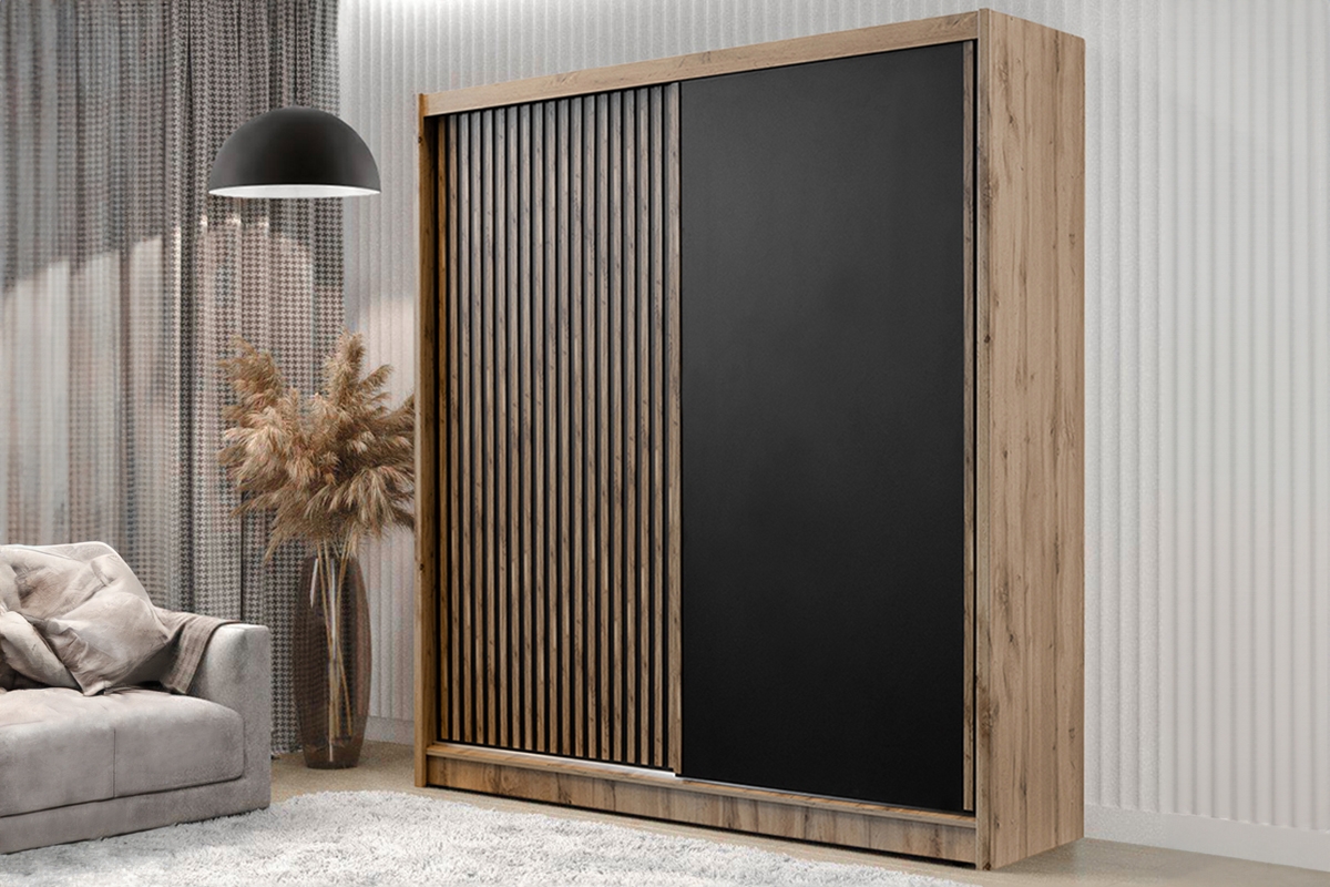 Šatní skříň London 203 cm s posuvnými dveřmi z lamel - dub wotan / černá Skříň s posuvnými dveřmi z lamelami London 203 cm - Dub wotan / Černý - aranzacja 