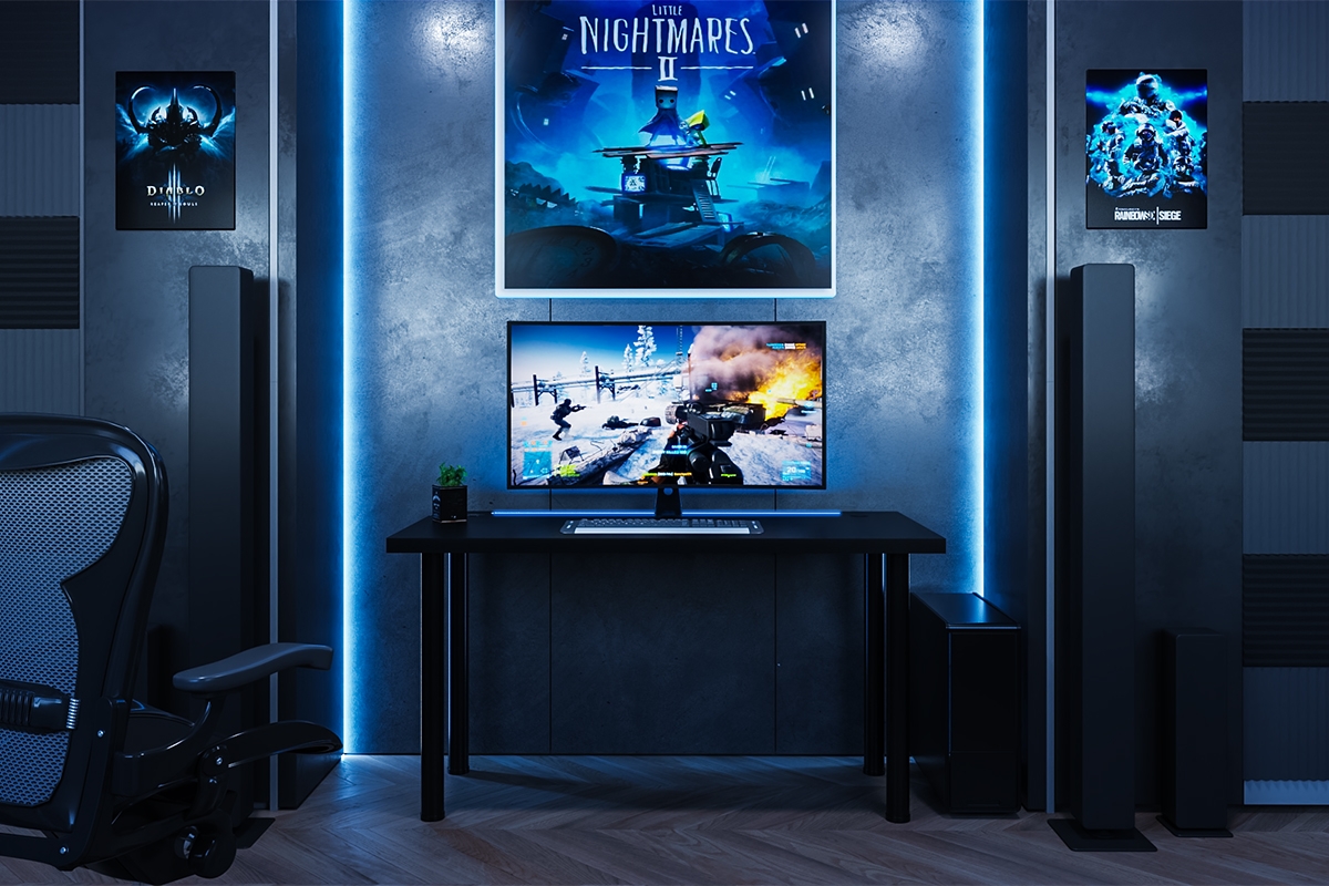 Výškově nastavitelný herní stůl Lamit 135 cm s LED páskem - černá psací stůl gamingowe Lamit 135 cm z regulacja wysokosci oraz tasma LED - Černý 