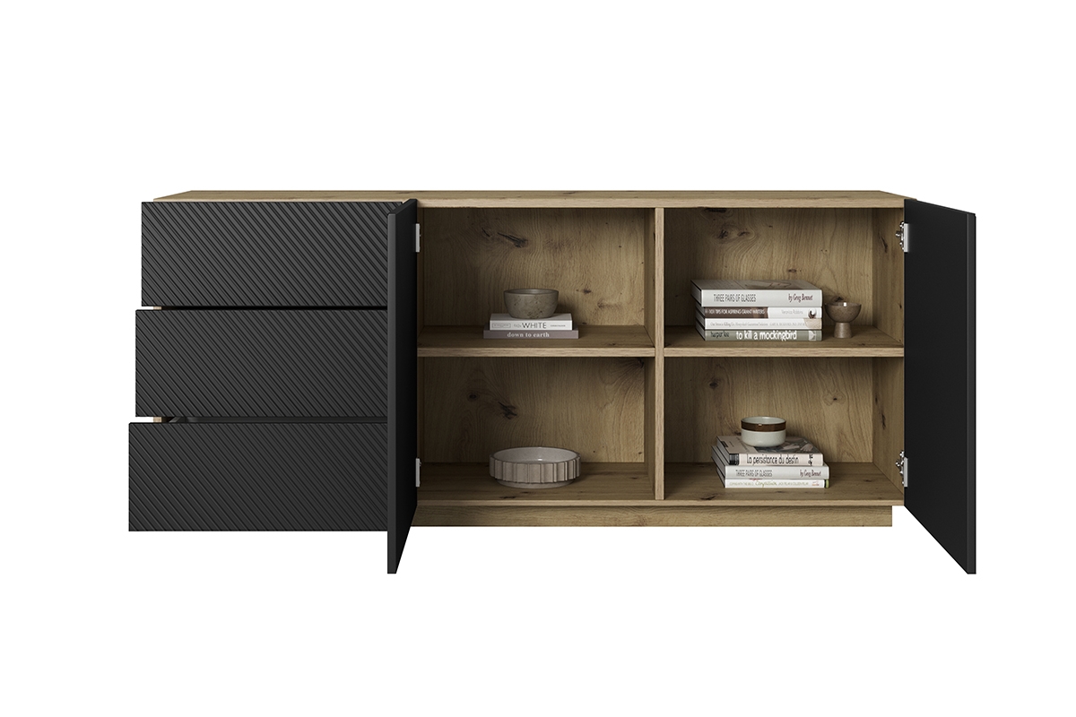 Komoda Asha 167 cm na sokli - artisan / čierny mat Komoda 167 cm Asha so zásuvkami - artisan /Čierny mat - vnútro z wyposazeniem