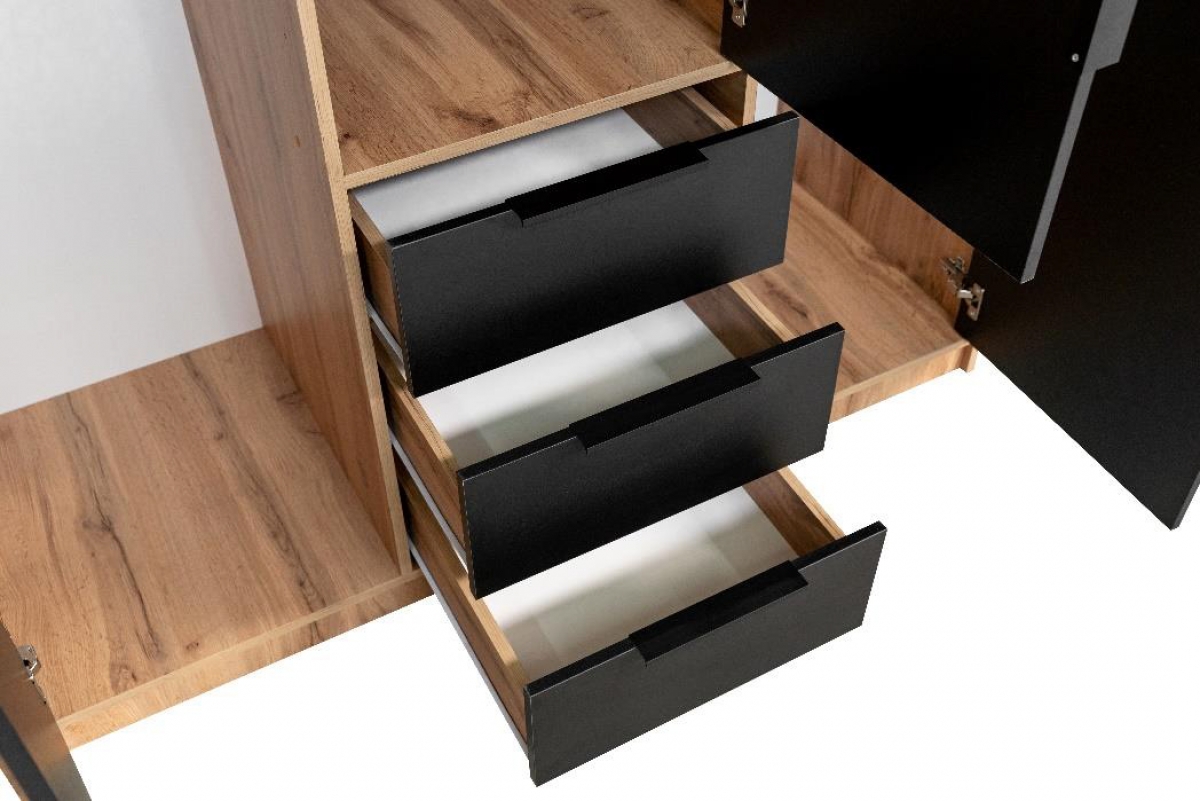 Šatníková skriňa Bali 149 cm s nadstavcom - dub wotan / čierna Skriňa Bali zásuvky