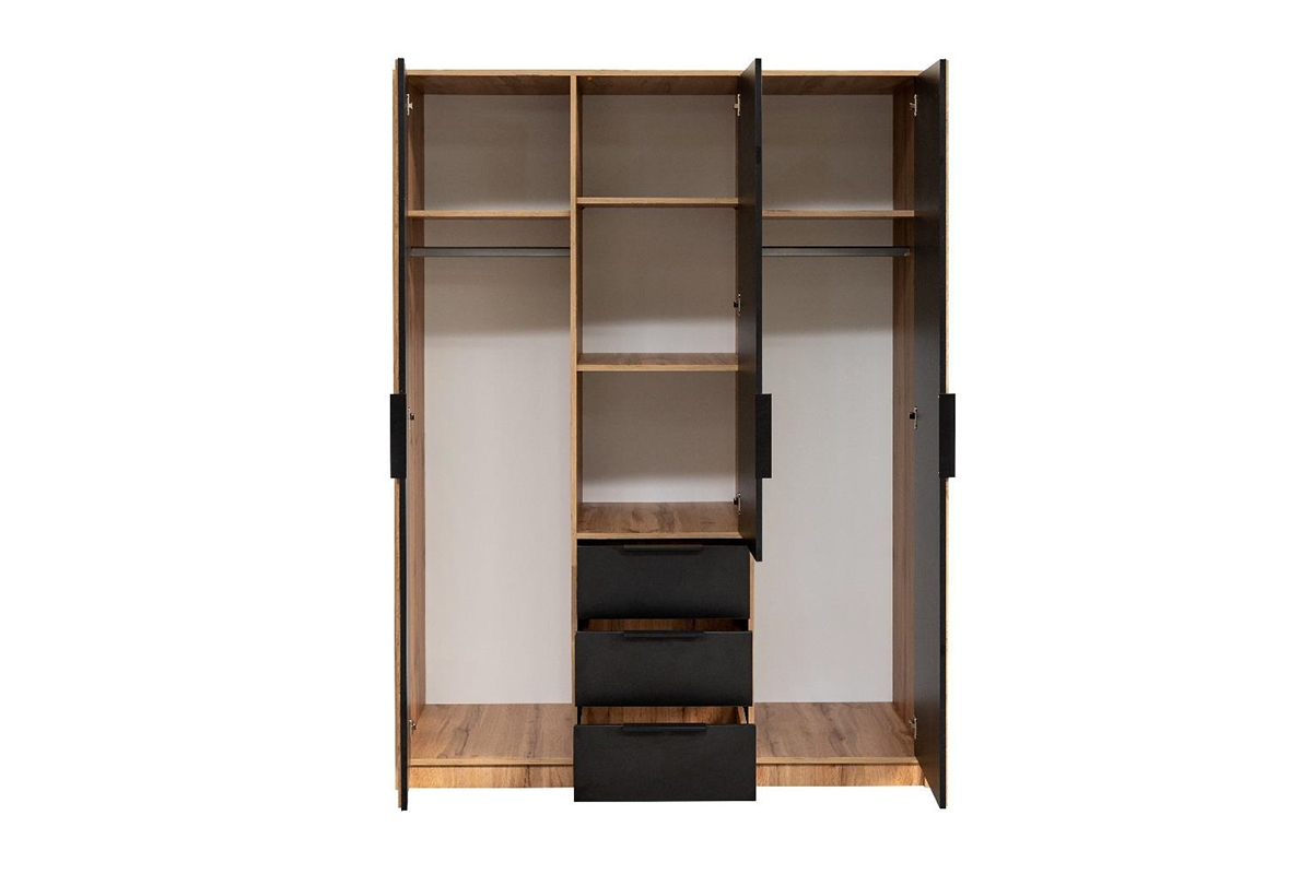 Šatníková skriňa Bali 149 cm s lamelami a zrkadlom - dub wotan / čierna Skriňa Bali D3 Lux vnútro