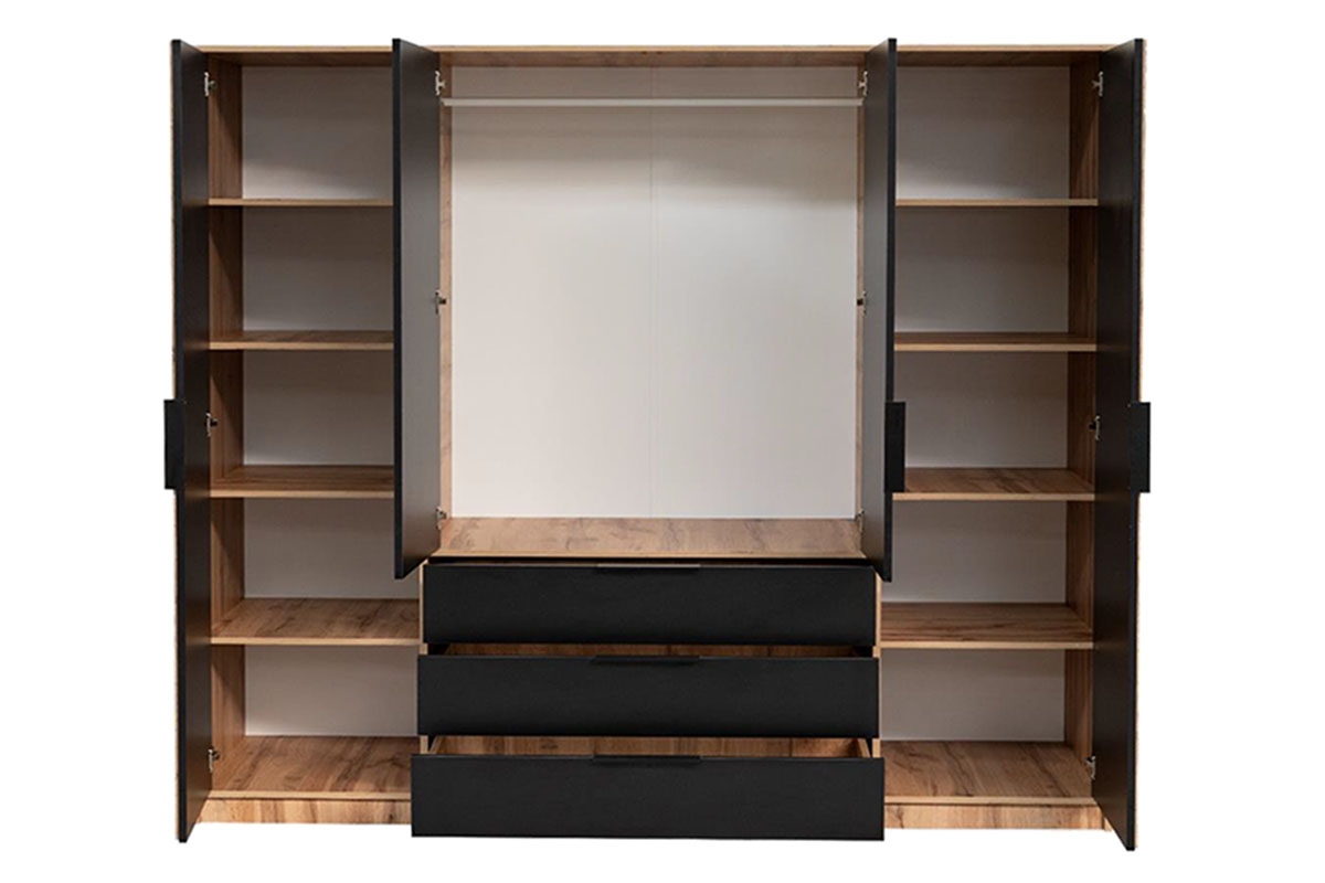 Skříň Bali 196 cm s lamelami - dub wotan / černá Skříň čtyřdveřová z lamelami i zrcadlem Bali Lux D4 196 cm - Dub wotan / Černý - wnetrze