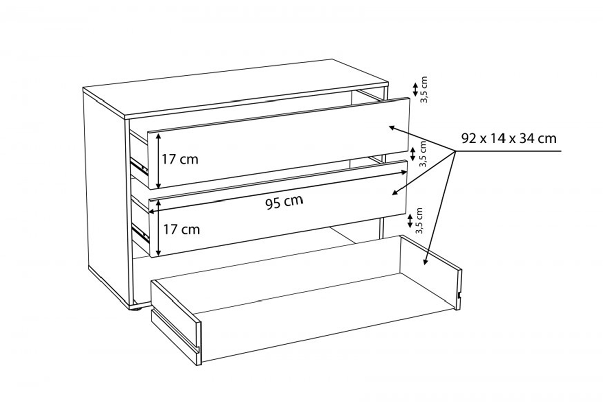 Komoda wewnetrzna 100 cm TWTK24-A06 do szaf Forte Komoda wewnetrzna Skříně Trondheim se třemi  zásuvkami 