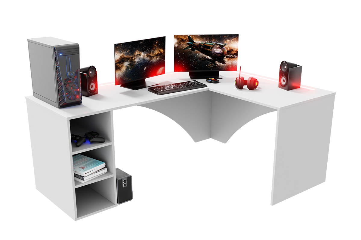 Rohový herní stůl Kerbi 135 cm s LED páskem, pravý - bílý psací stůl gamingowe narozne prawe Kerbi 135 cm z tasma LED - Bílý 