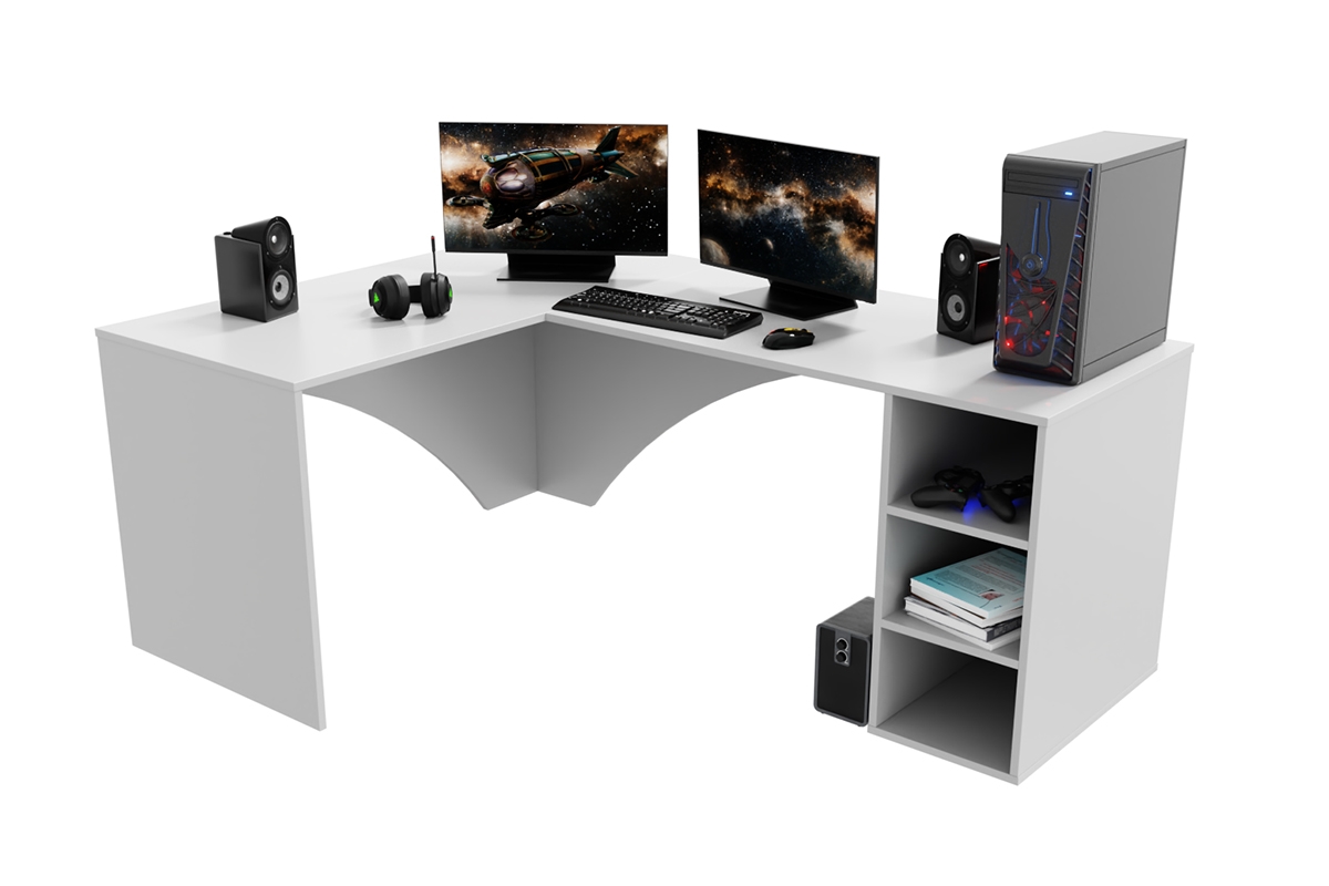 Rohový PC stôl Kerbi 135 cm ľavá - biela Písací stôl gamingowe narozne lewe Kerbi 135 cm - Biely 