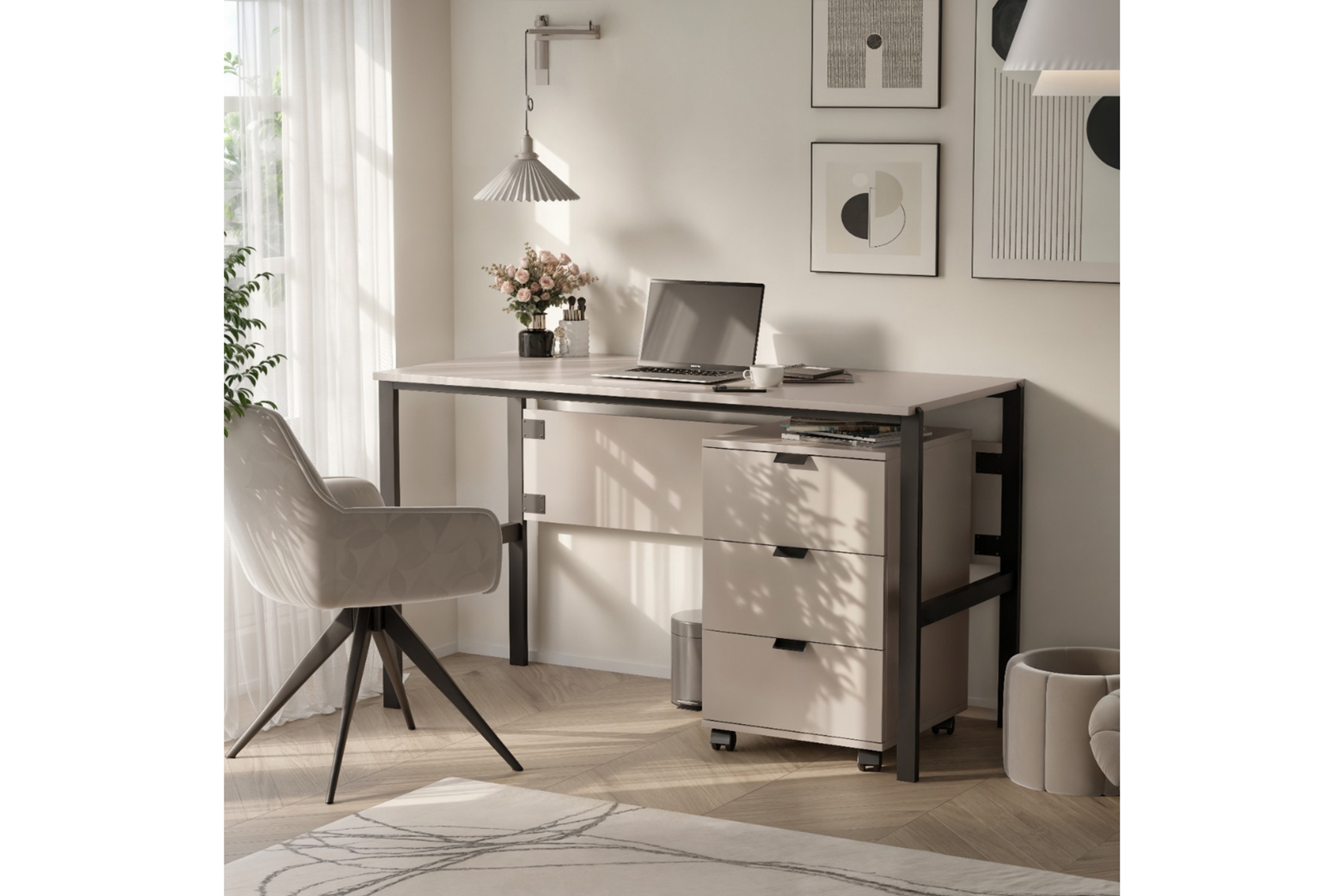 Psací stůl Cremona na kovových nohách s kontejnerem - písková béžová psací stůl Cremona na kovových nohách s kontejnerem - béžová Pískový 