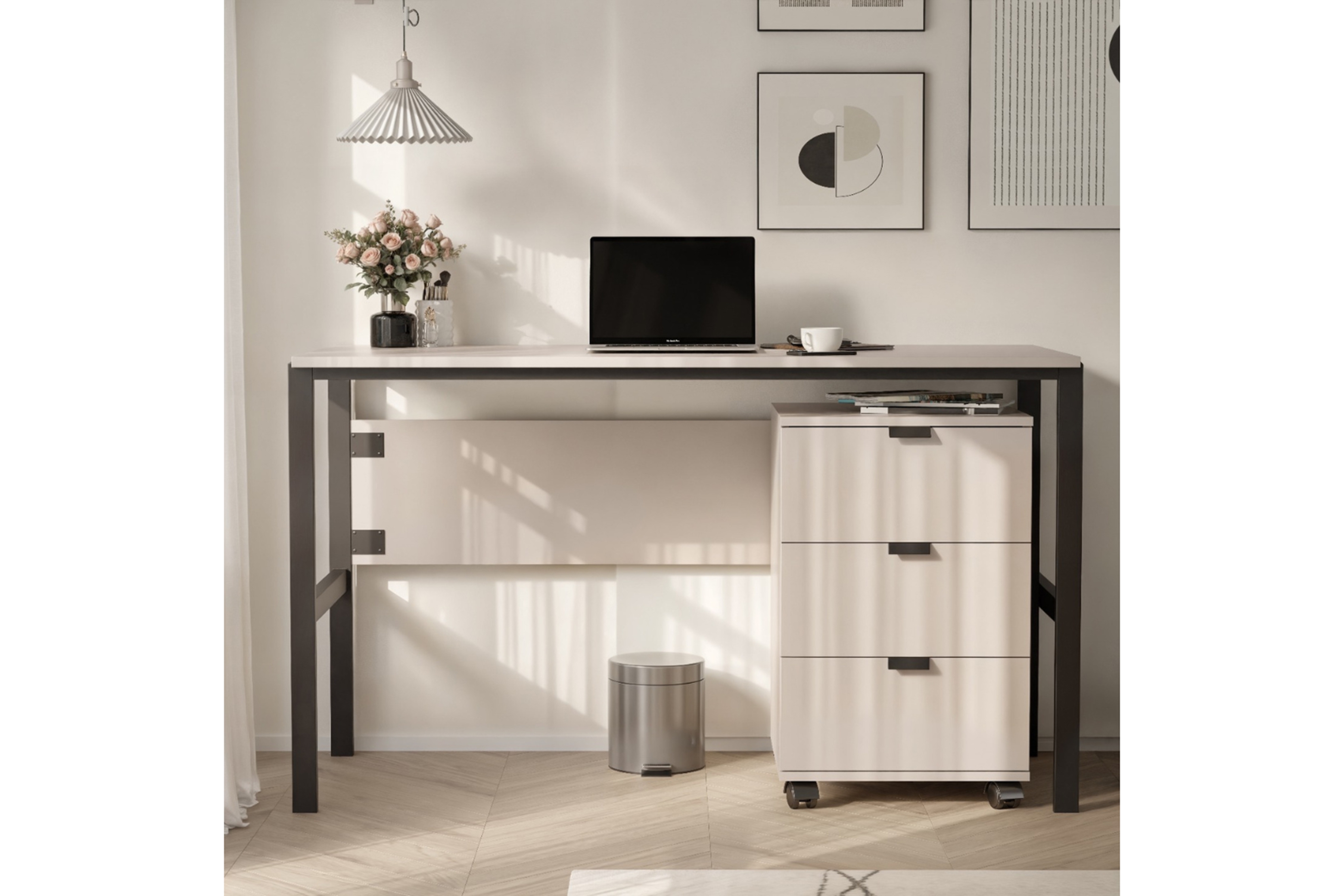 Psací stůl Cremona na kovových nohách s kontejnerem - písková béžová psací stůl Cremona na kovových nohách s kontejnerem - béžová Pískový 