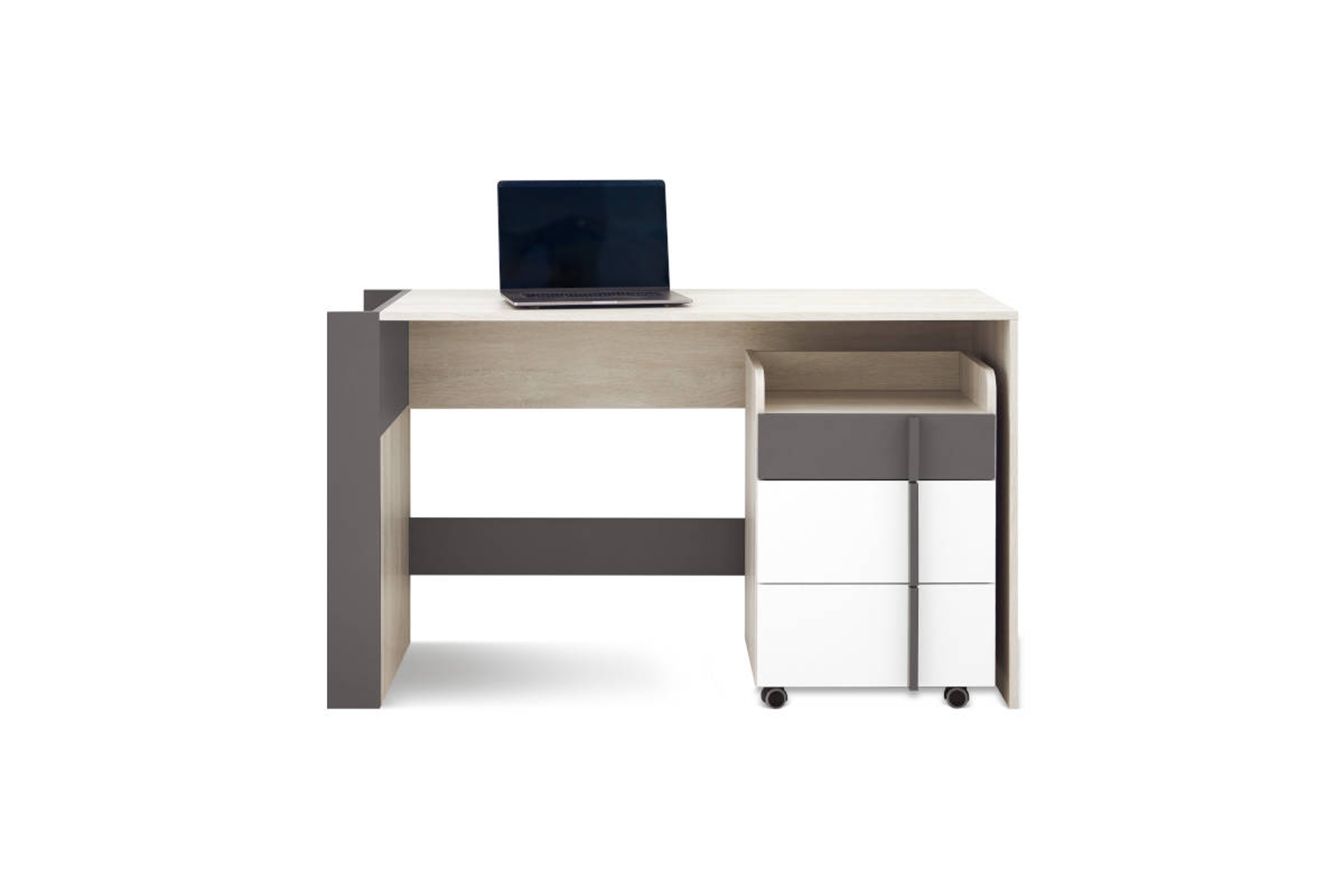 Studentský psací stůl Lumo 130 cm s kontejnerem - dub wilton bílý / bílý lux / antracit psací stůl mlodziezowe Lumo 130 cm s kontejnerem - dub wilton bílá / bílá lux / antracitová