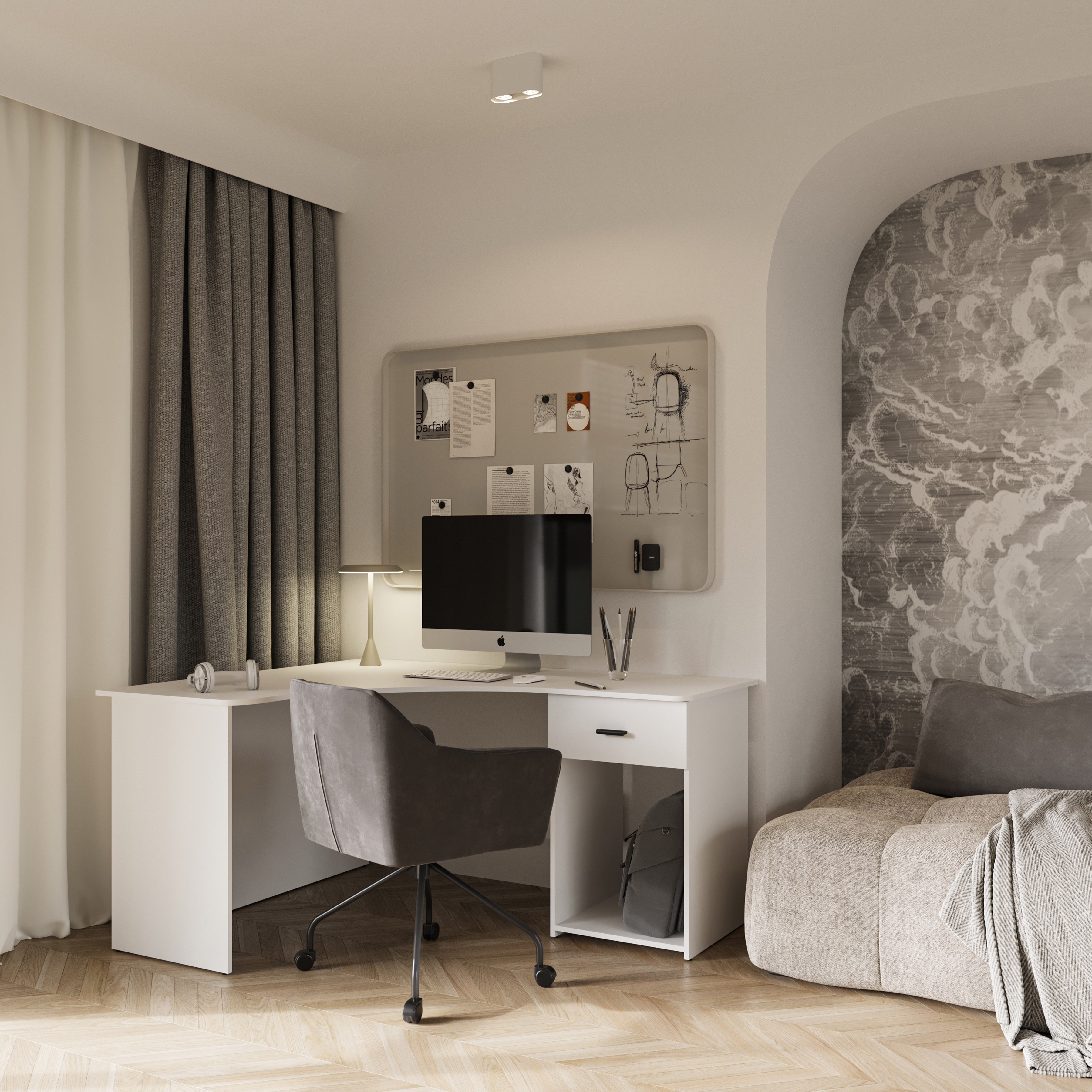 Rohový písací stôl Corner so zásuvkou a otvorenou policou - biely Písací stôl narozne Corner z szuflada i wneka 155x125 cm - Biely