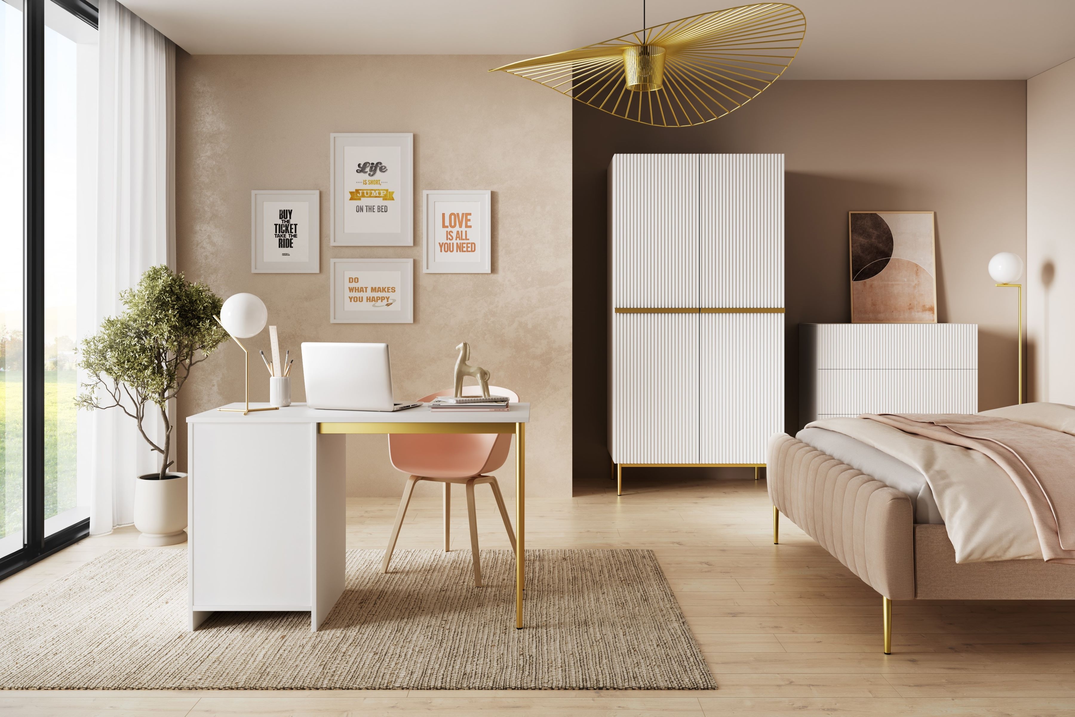 Psací stůl Nicole 120 cm – bílý mat / zlaté nožky psací stůl Nicole 120 cm z szuflada - bílý mat / zlote nozki