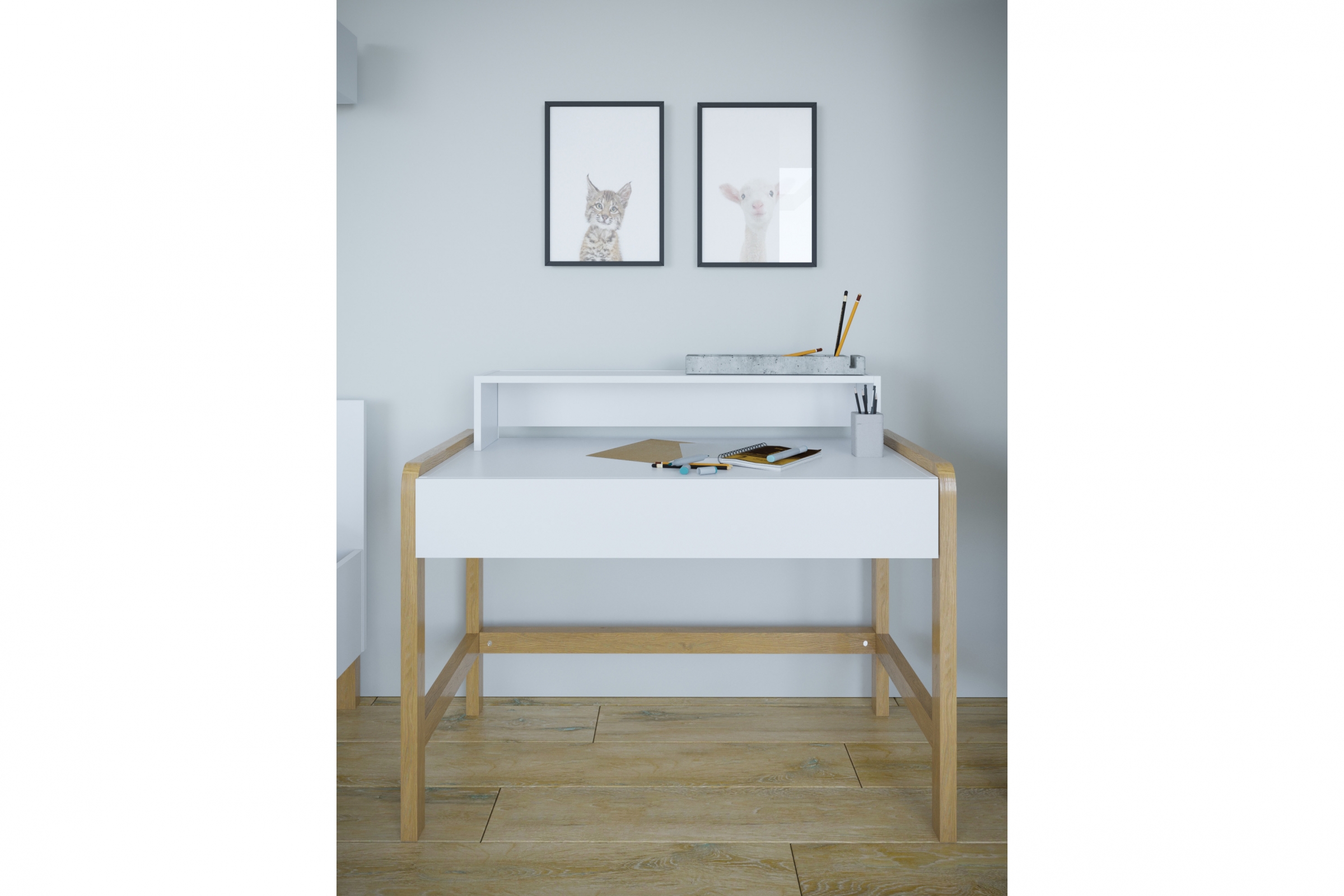 Detský písací stôl Silia 100 cm so zásuvkou - alpská biela / dub Písací stôl Silia 100 cm z szuflada - Biela alpejska / Dub