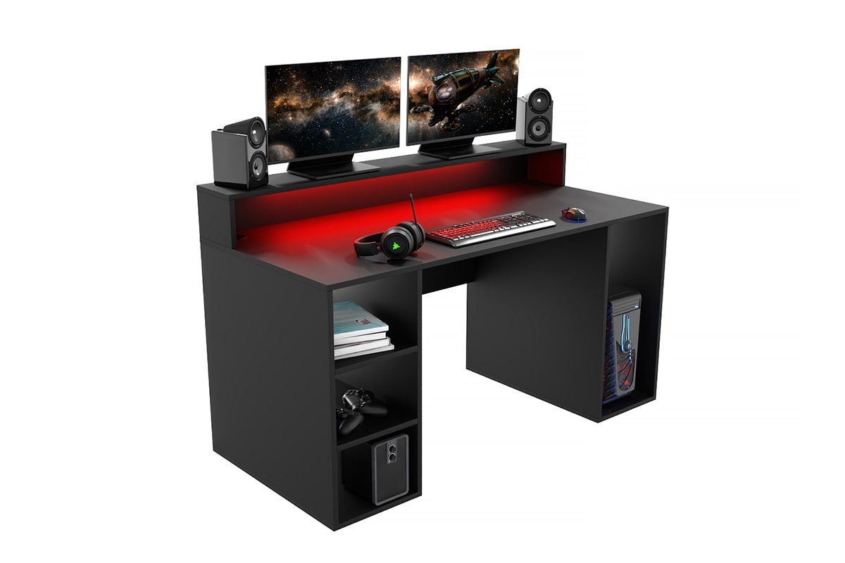 Herní psací stůl Demin s policemi a LED páskem - černý psací stůl gamingowe Demin z policemi i tasma LED - Černý 
