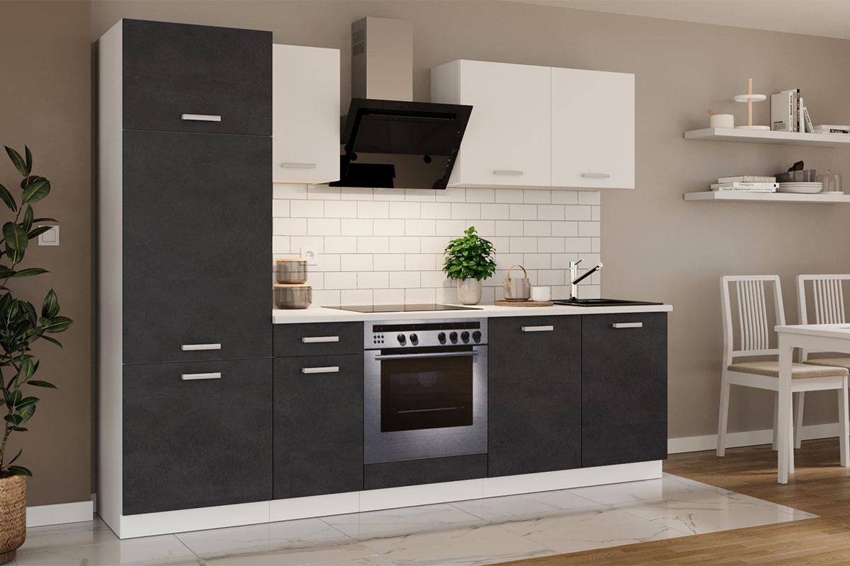 Kuchynská linka Otin 2,6 m - šedý matera/Biely Komplet kuchyňského nábytku Otin 2,6 m - vizualizácia 