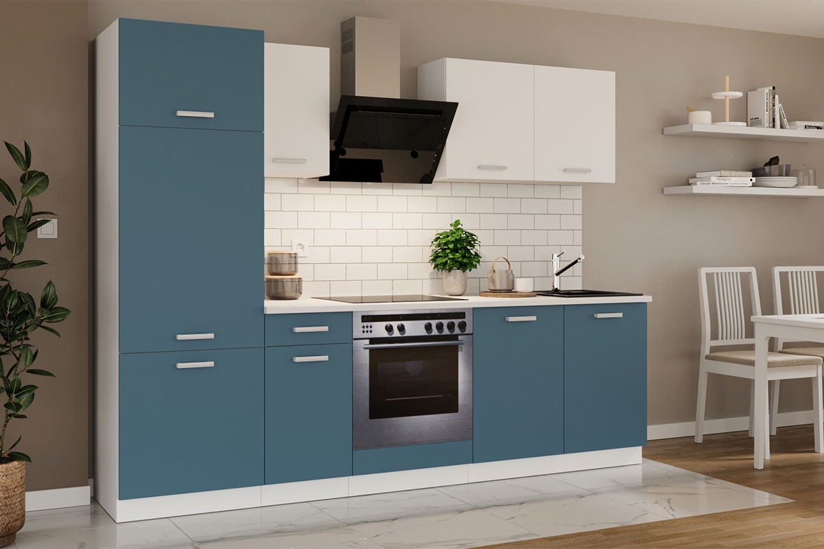 Kuchynská linka Otin 2,6 m - Morský skagerrak/Biely Komplet kuchyňského nábytku Otin 2,6 m - vizualizácia