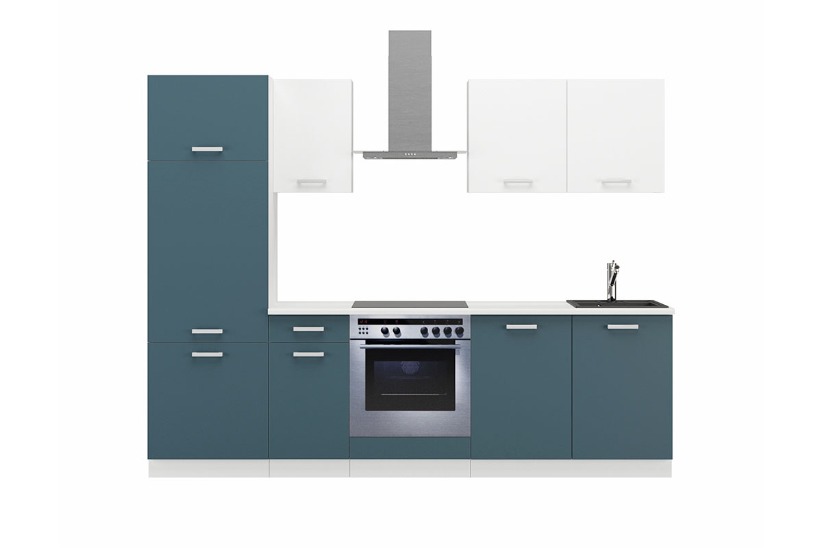 Kuchynská linka Otin 2,6 m - Morský skagerrak/Biely Komplet kuchyňského nábytku Otin 2,6 m - Morský skagerrak/Biely