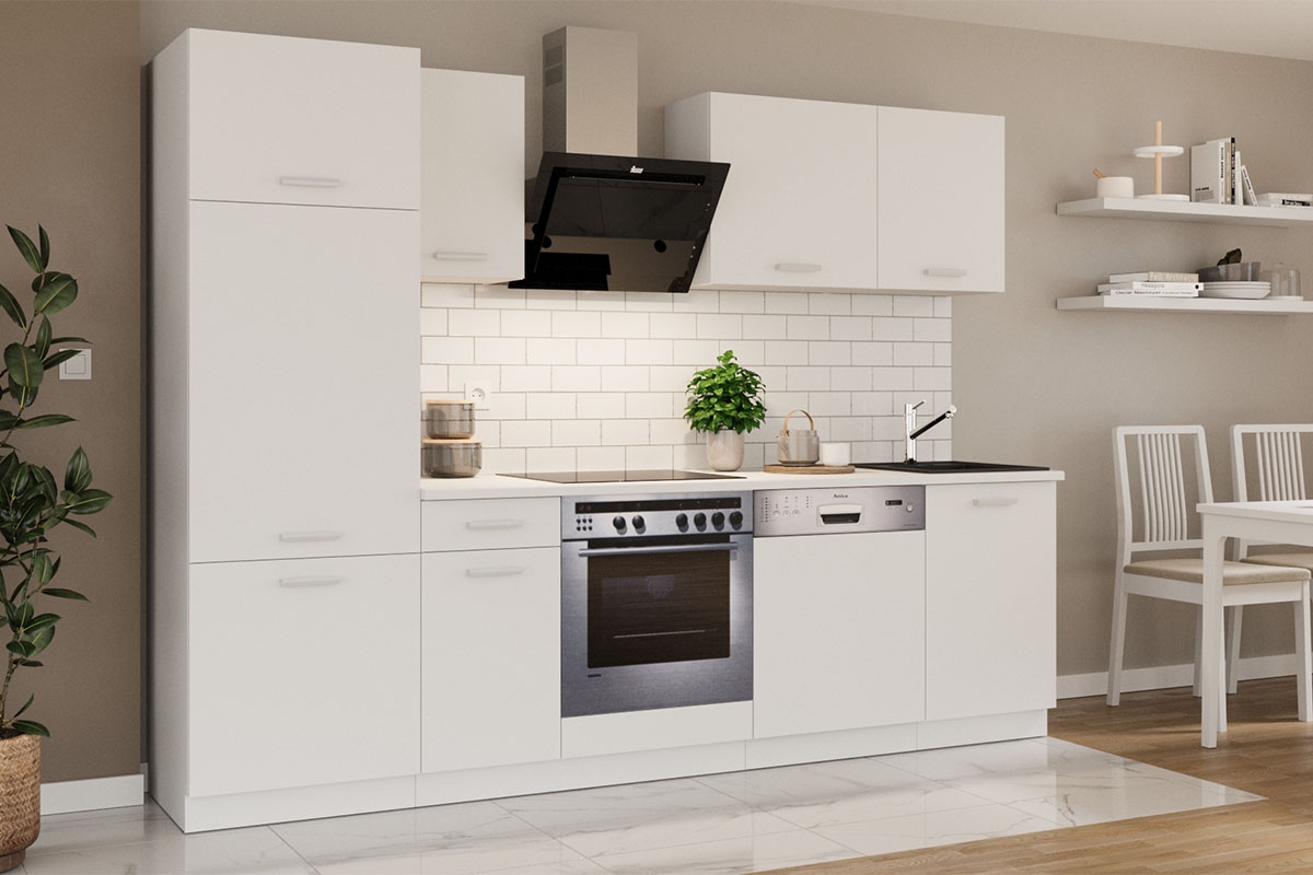 Kuchynská linka Otin 2,7 m - Biela/Biela Komplet kuchyňského nábytku Otin 2,7 m - vizualizácia 
