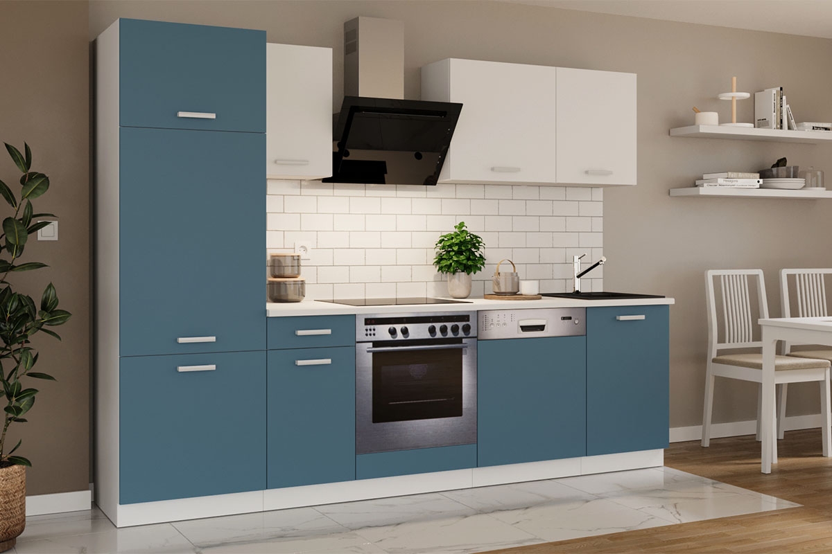 Kuchynská linka Otin 2,7 m - Morský skagerrak/Biely Komplet kuchyňského nábytku Otin 2,7 m - vizualizácia