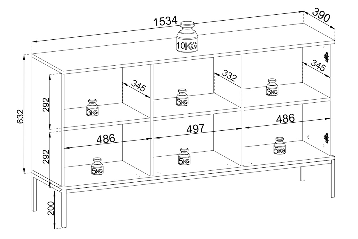 Komoda Bogalo s frézovanými čely a LED osvětlením - černý / dub wotan Komoda třídveřová Bogalo s frézovanými frontem a osvětlením LED - Černý / Dub wotan - Rozměry