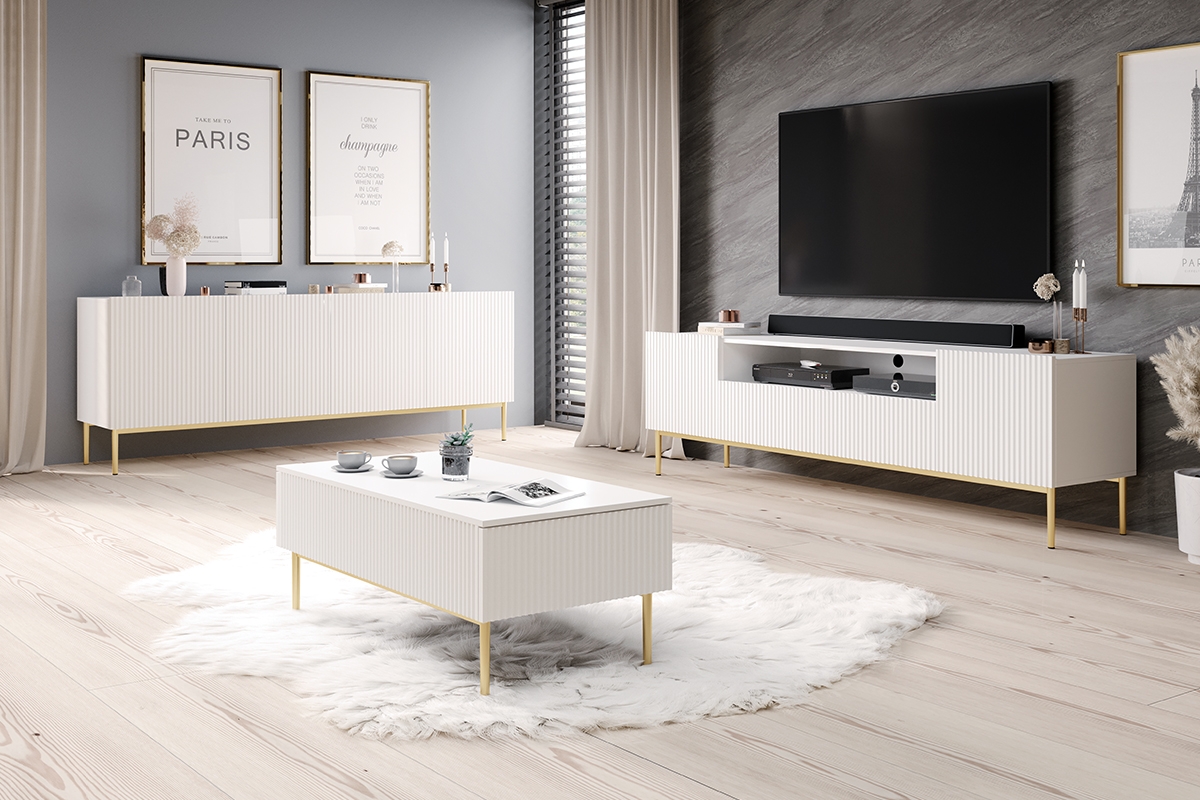 TV stolík Nicole 200 cm s výklenkom a zásuvkami – biely mat / zlaté nožičky TV Nicole .