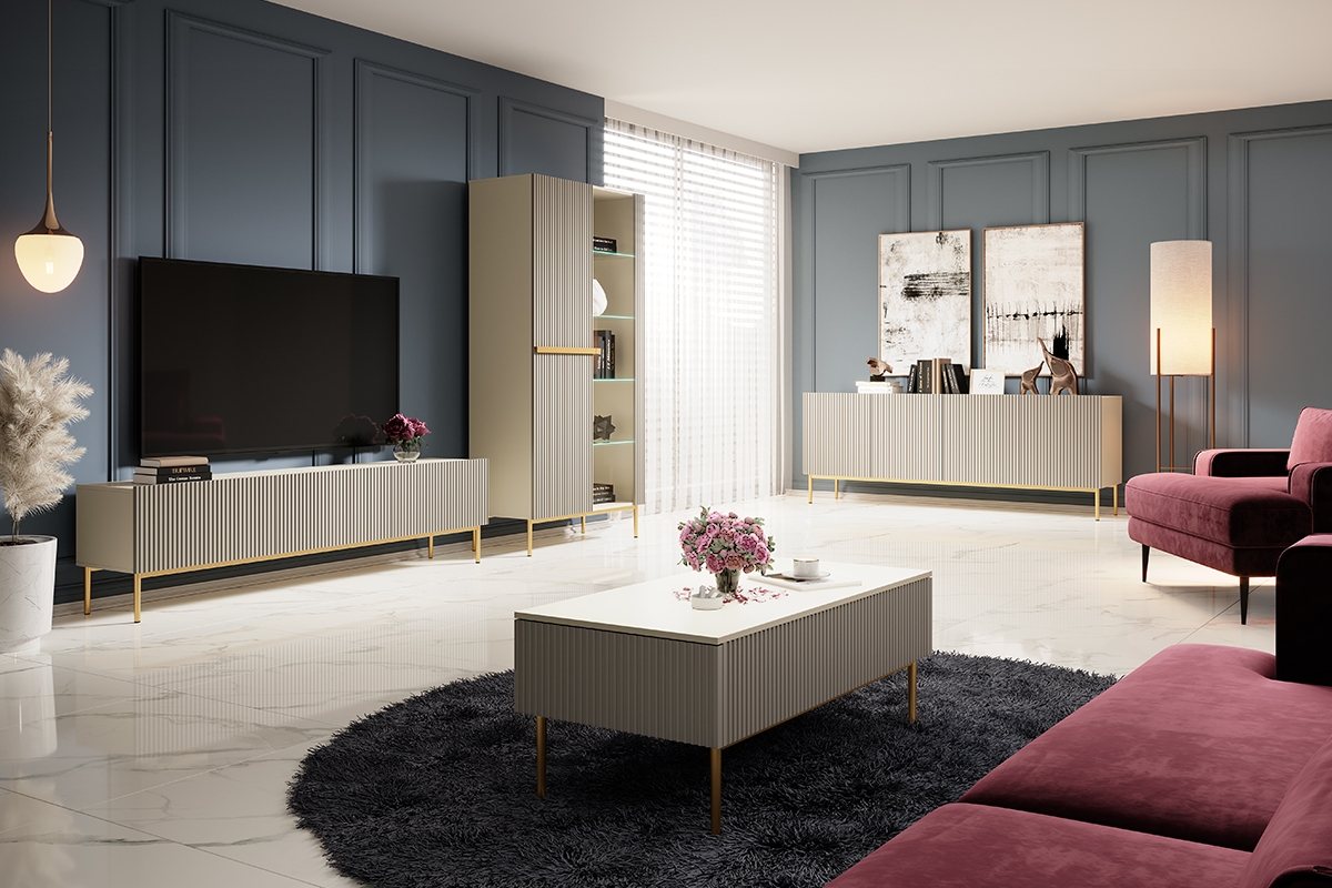 Vitrína Nicole 100 cm - kašmír / zlaté nožky Vitrína Nicole - kašmír/ zlaté nožičky - aranzacja 2