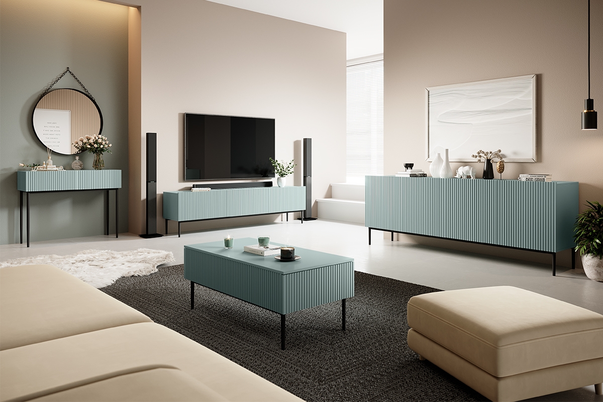 Komoda Nicole 200 cm s frézovaným čelom a kovovými nožičkami - šalvia / čierne nožičky - Koncovka Série Komoda do  spálne 