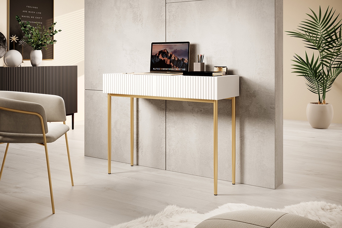 Moderný písací stôl Nicole - biely mat / zlaté nožičky Písací stôl