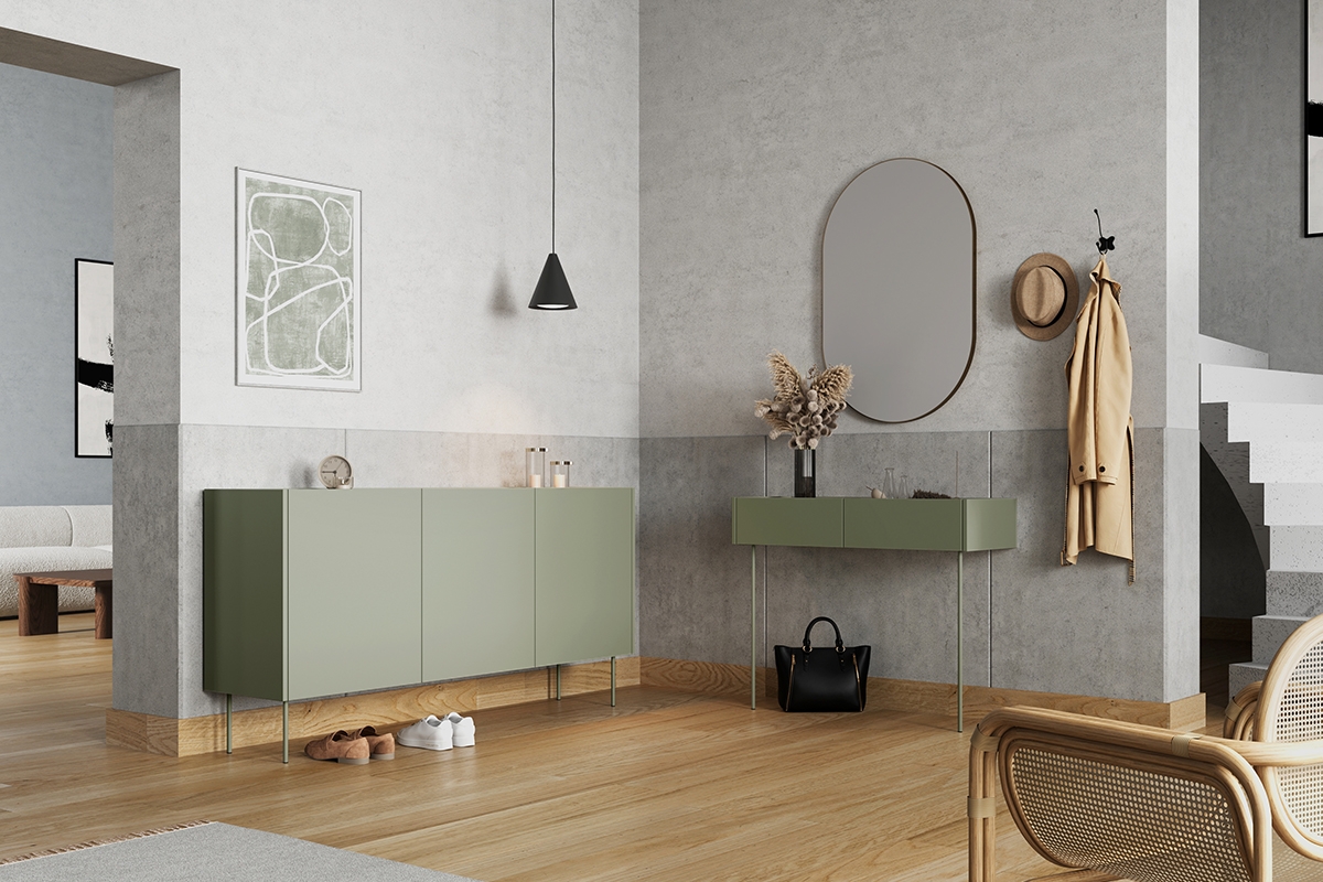 Komoda Desin 170 cm so 4 ukrytými zásuvkami - olivová / dub nagano Komoda trojdverová z 4 ukrytymi zásuvkami Desin 170 cm - Oliva / Dub nagano - vizualizácia 2