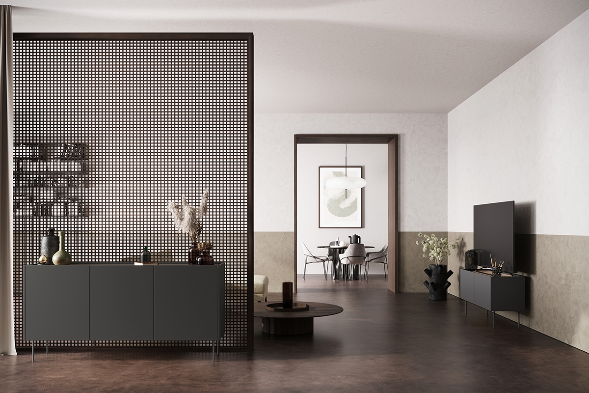 Komoda Desin 170 cm s 2 ukrytými zásuvkami - čierny mat / dub nagano Komoda trojdverová z 2 ukrytymi zásuvkami Desin 170 cm - Čierny mat / Dub nagano - vizualizácia 1