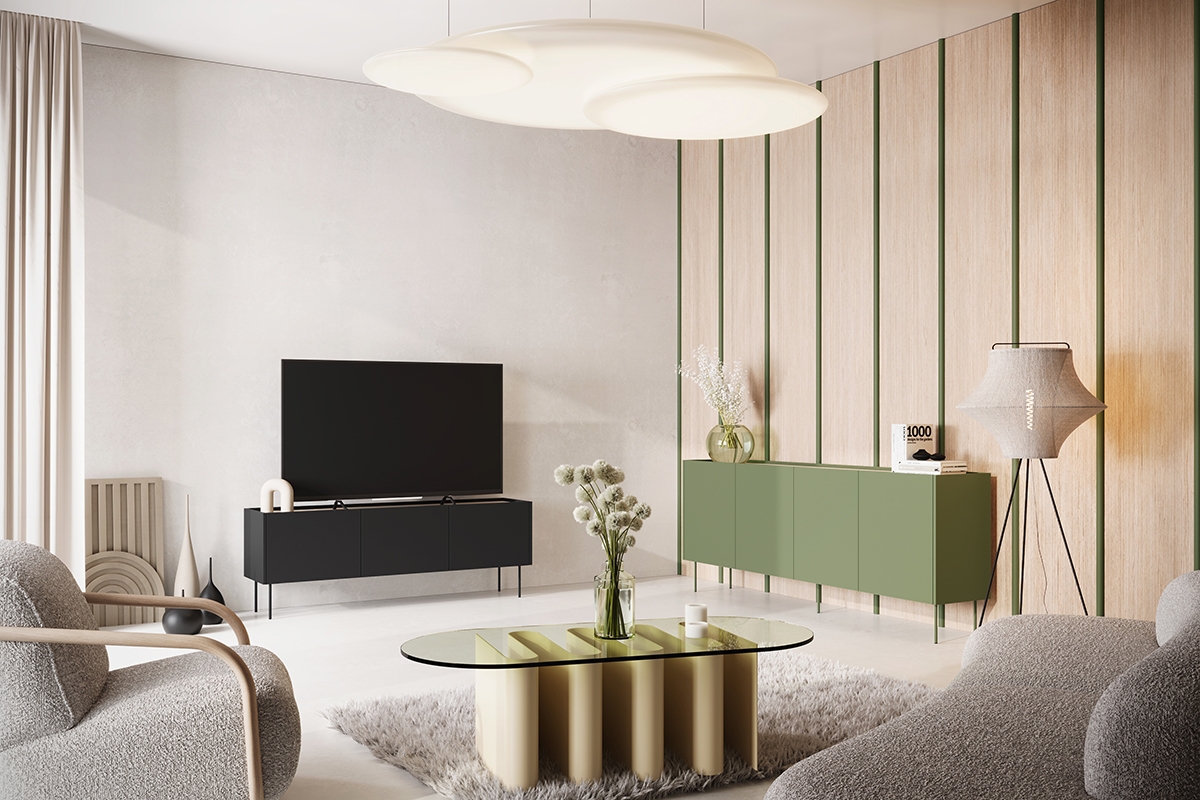 TV stolík Desin 170 cm s 2 ukrytými zásuvkami - čierny mat / dub nagano TV skrinka trojdverová z 2 ukrytymi zásuvkami Desin 170 cm - Čierny mat / Dub nagano - vizualizácia 1