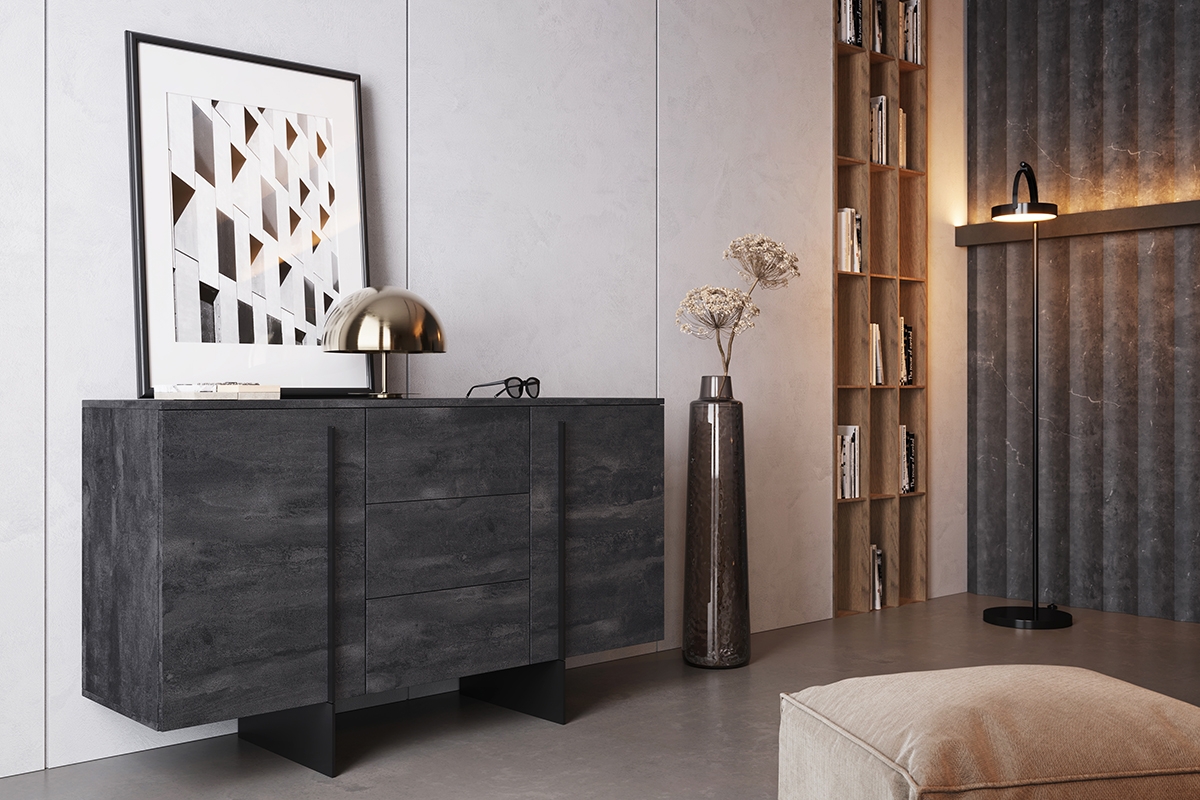 Komoda Larena 150 cm - čierny betón / čierne nožičky - Koncovka série Komoda do spálne