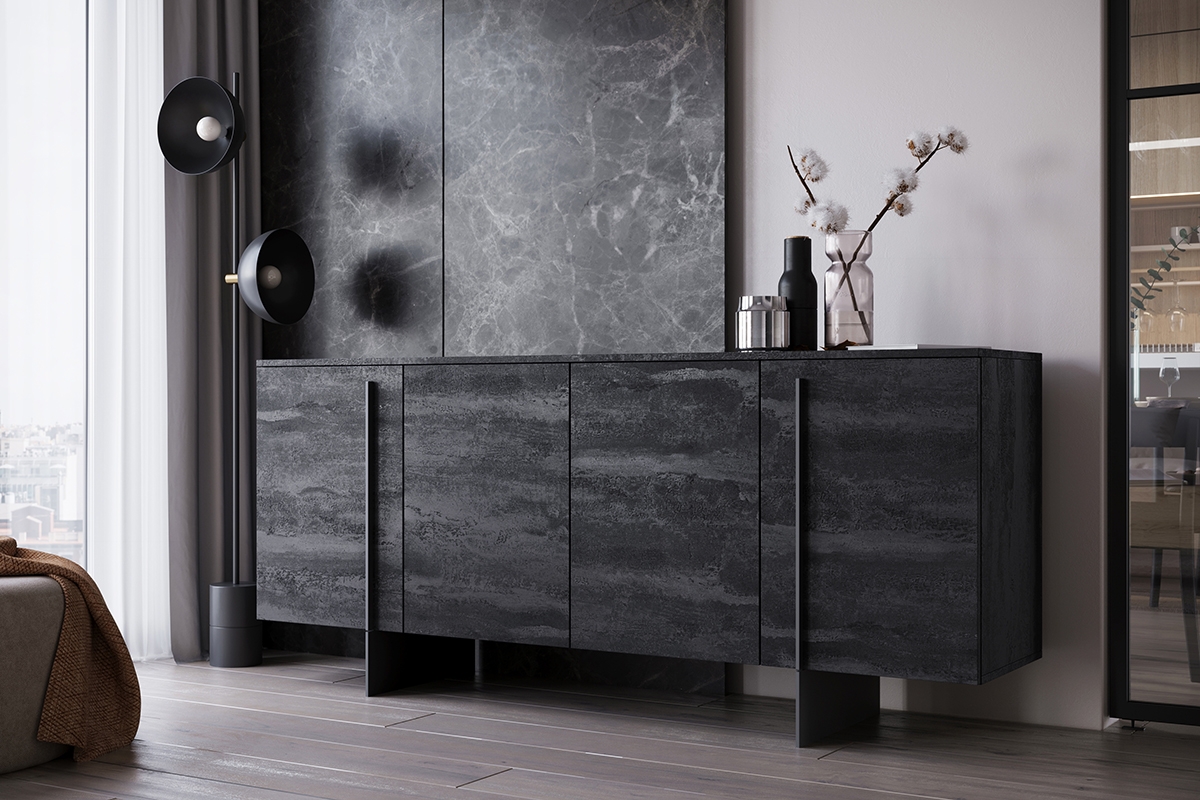 Komoda Larena 200 cm - čierny betón / čierne nožičky - Koncovka série Komoda .