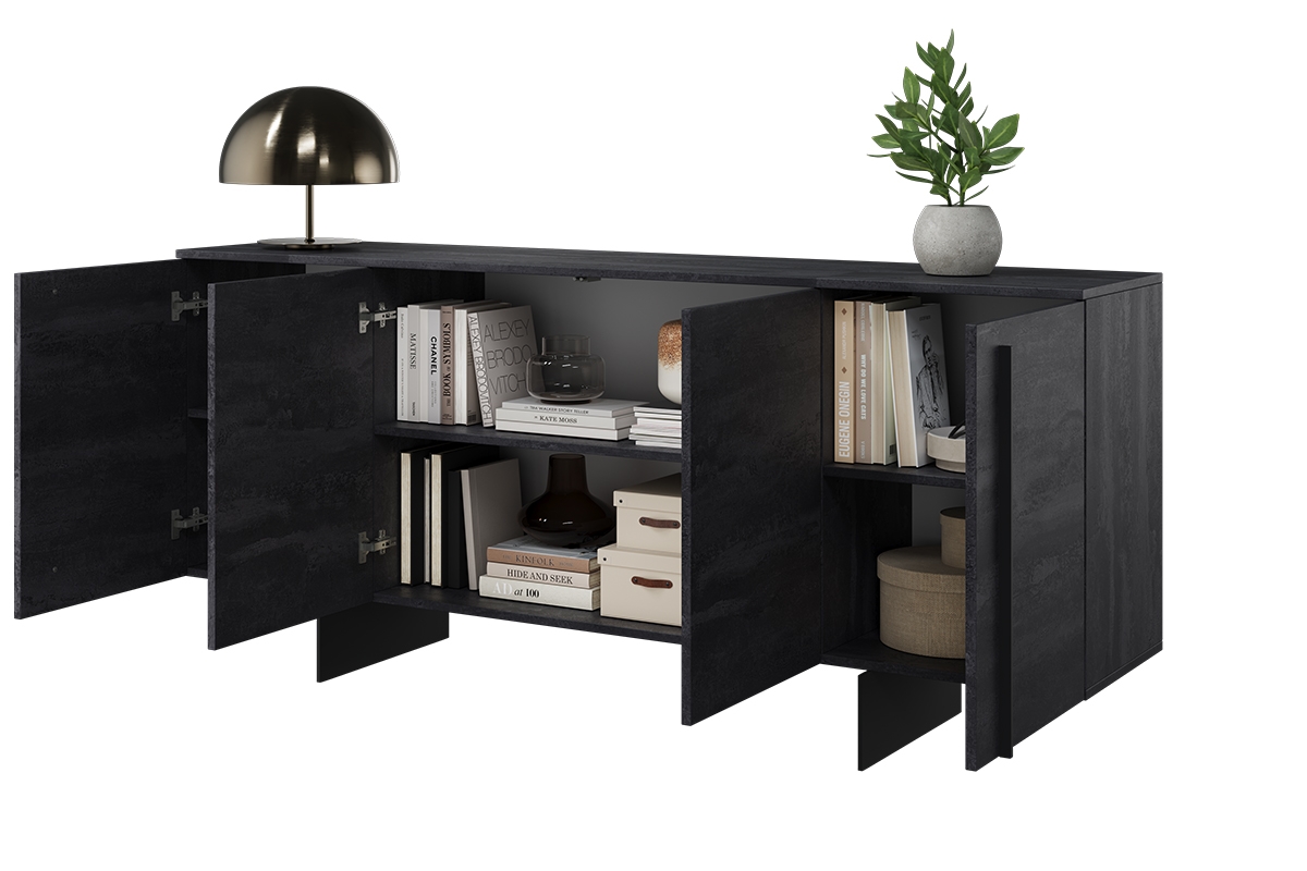 Komoda Larena 200 cm - čierny betón / čierne nožičky - Koncovka série Čierna Komoda do spálne