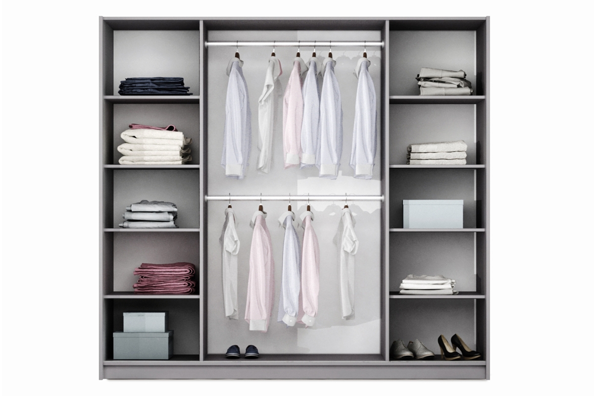 Čtyřdveřová šatní skříň Brema 210 cm se zrcadlem - bílá Skříň čtyřdveřová se zrcadlem Brema 210 cm - wnetrze