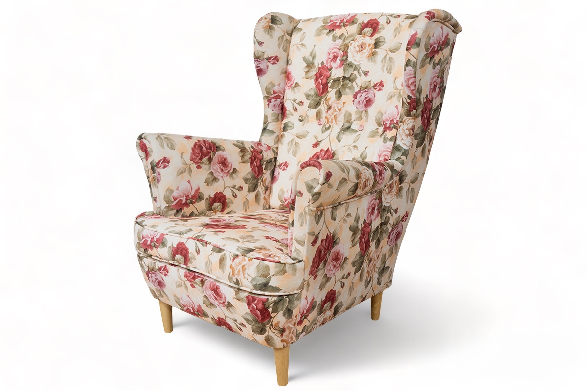 Kreslo Ušiak Vilano s taburetkou - kvetinový vzor Coral Wm-82 / drevené nožičky Kreslo Ušiak Vilano - kvetinový vzor