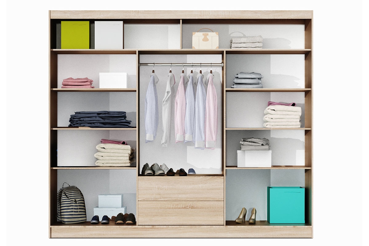 Skriňa Cordoba 250 Dub sterling/Hnedý betón Skriňa s posuvnými dverami Cordoba 250 cm - vnútro - zdjecie pogladowe