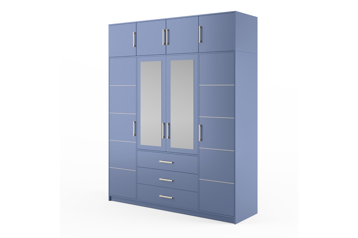 Skříň Bali 196 cm s nástavcem - tlumená modrá skříň s nástavcem