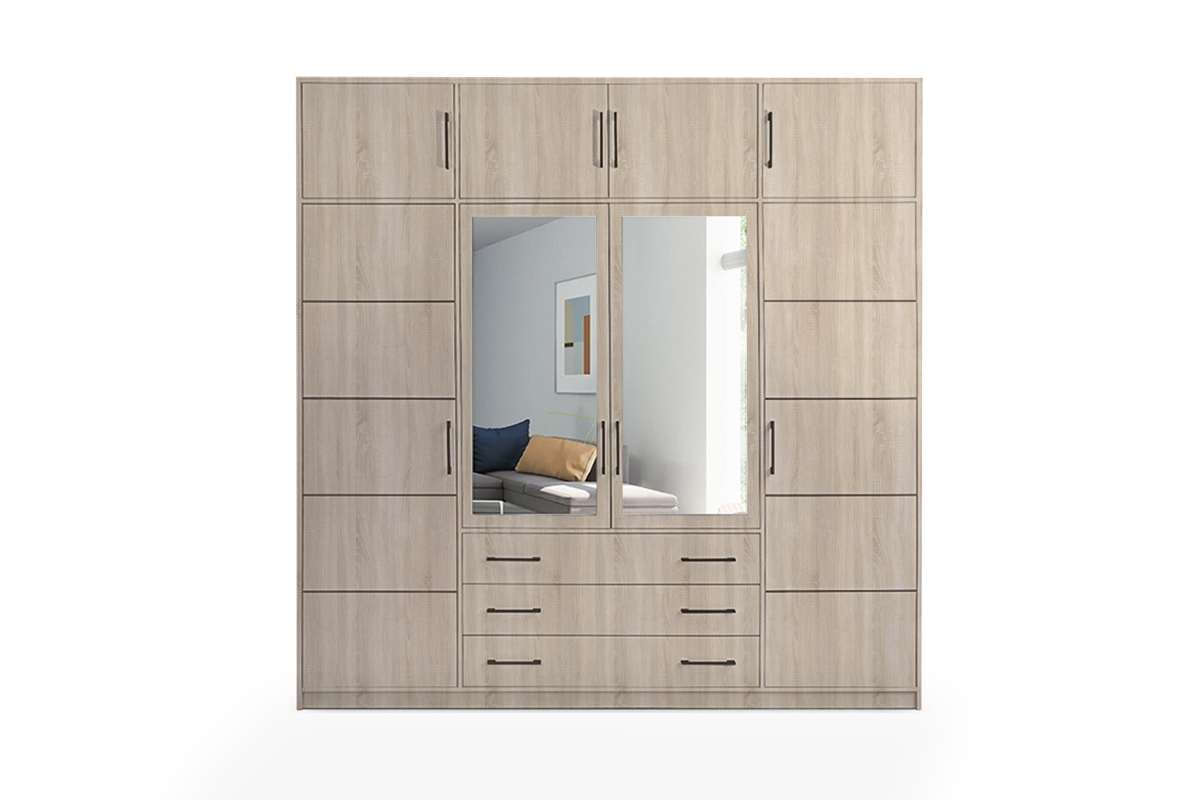 Skříň Bali 240 cm s nástavcem - dub sonoma Skříň čtyřdveřová se zrcadlem a nástavcem Bali D4 240 cm - Dub sonoma 