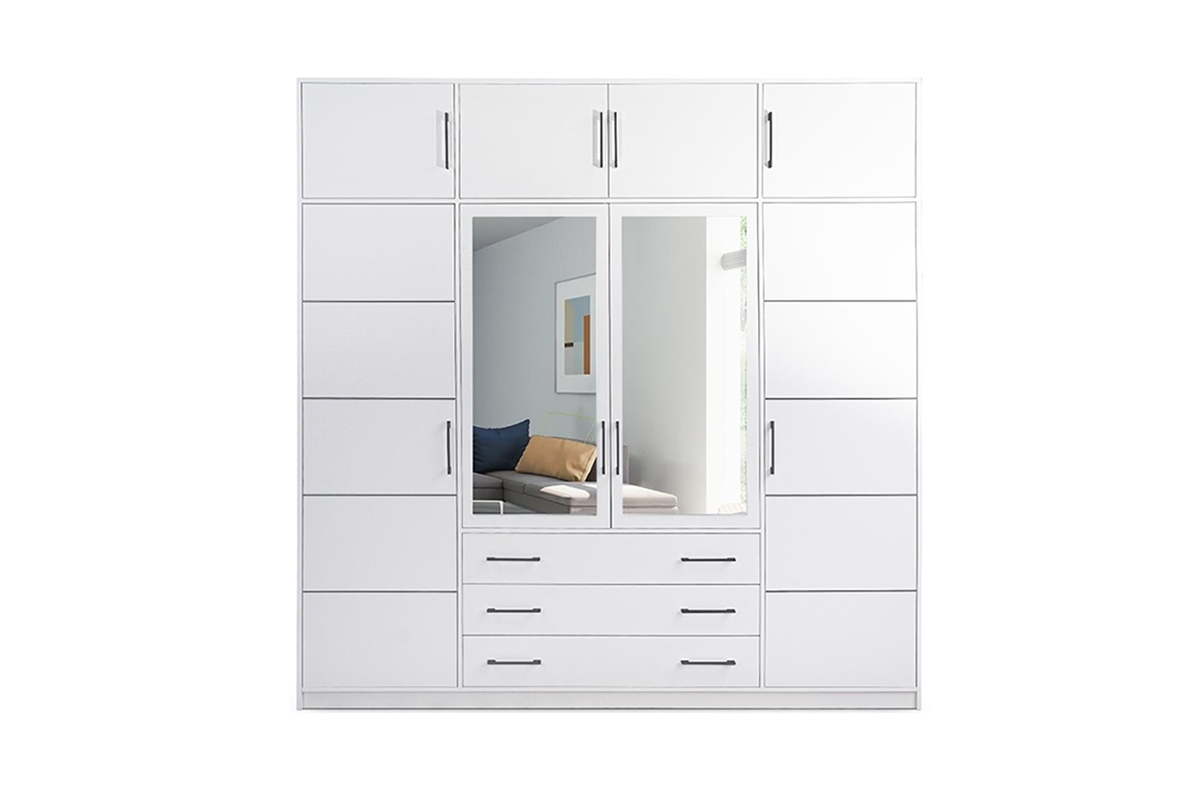 Skříň Bali 240 cm s nástavcem - bílá Skříň čtyřdveřová s nástavcem i se zrcadlem Bali D4 240 cm - Bílá - přední část