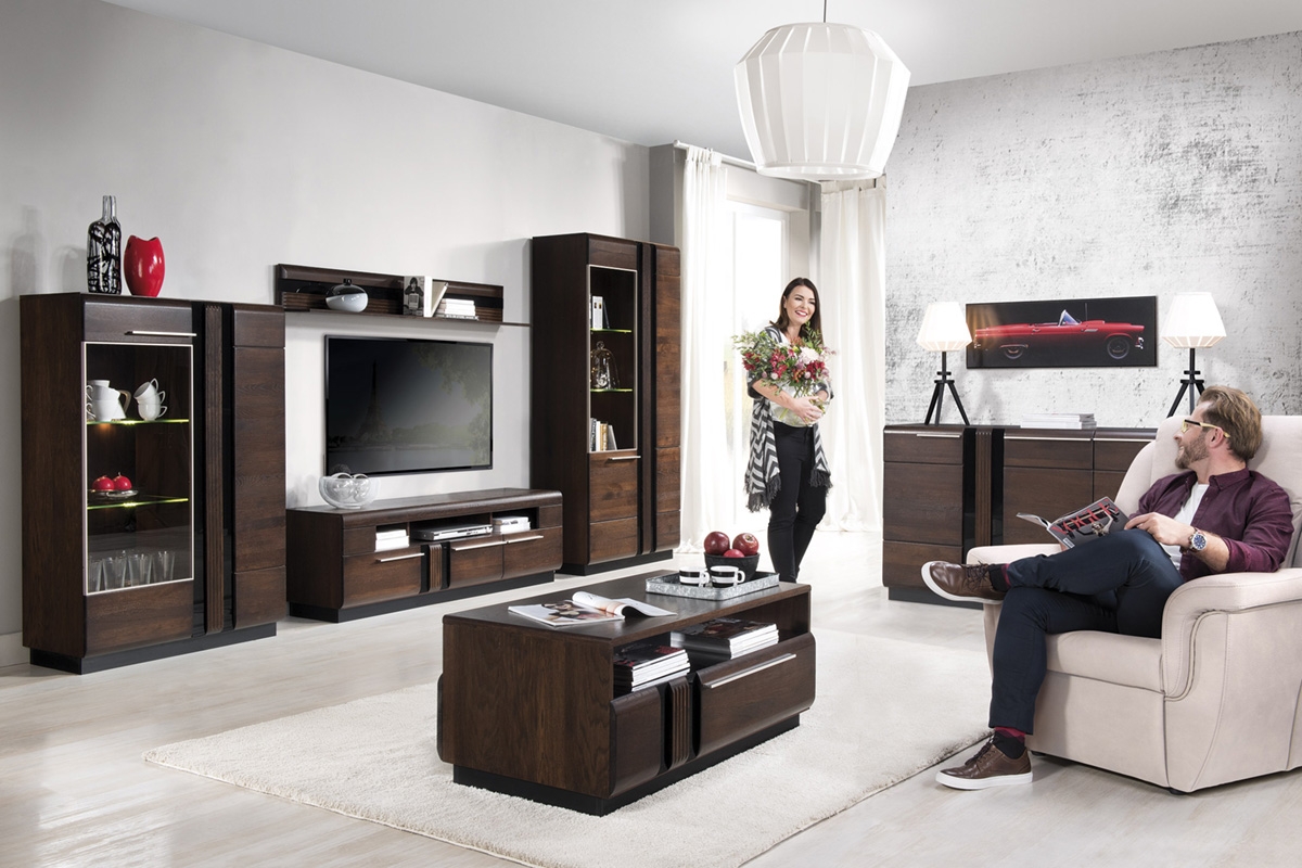 Dřevěná komoda Porti 48 s prosklenými čely 180 cm - dub čokoládový dřevěná Komoda Porti 48 z przeszklonymi frontami 180 cm - dub czekoladowy