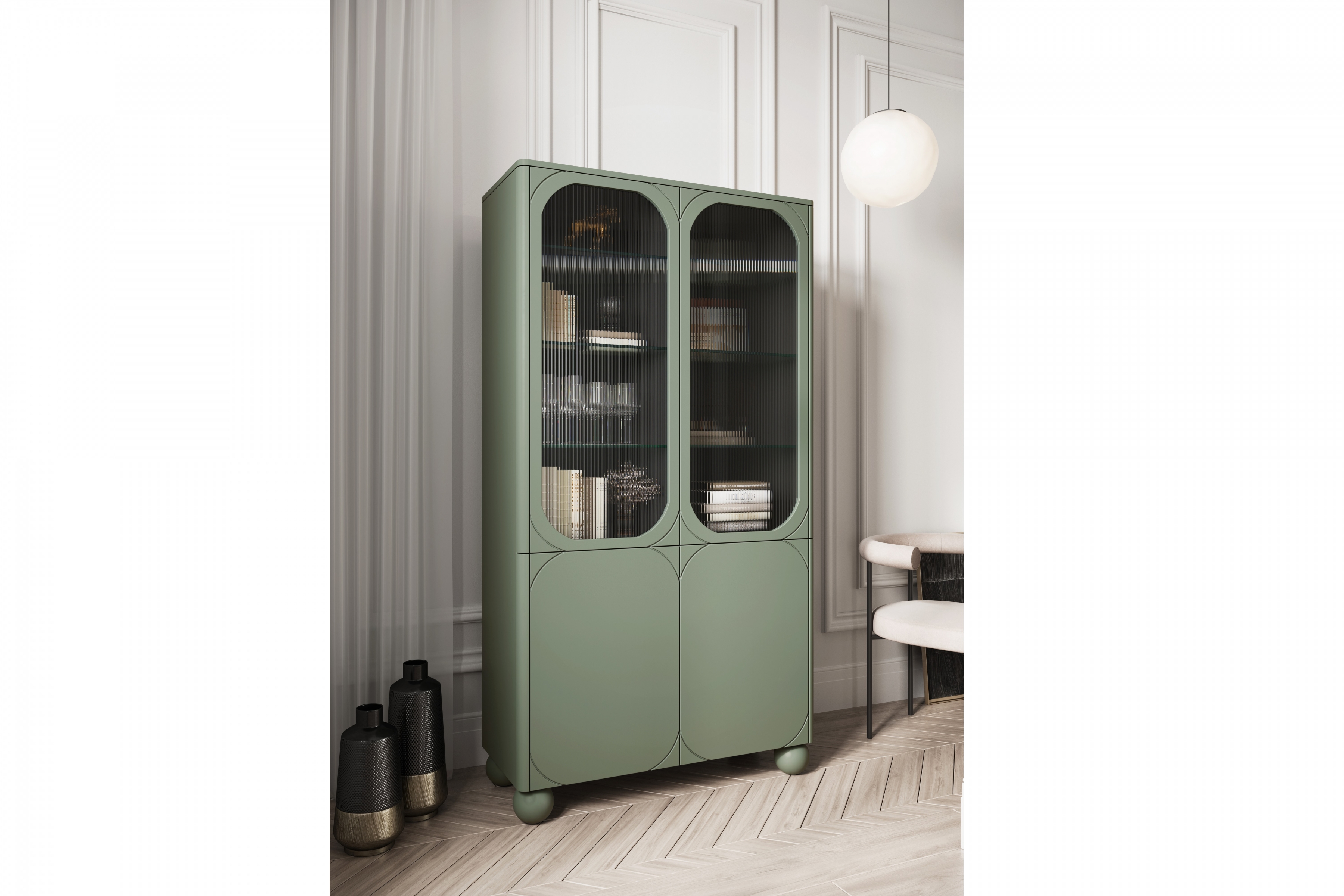 Vitrína Sonatia II 100 cm na kulovitých nožkách - olivová Vitrína prosklená do obývacího pokoje