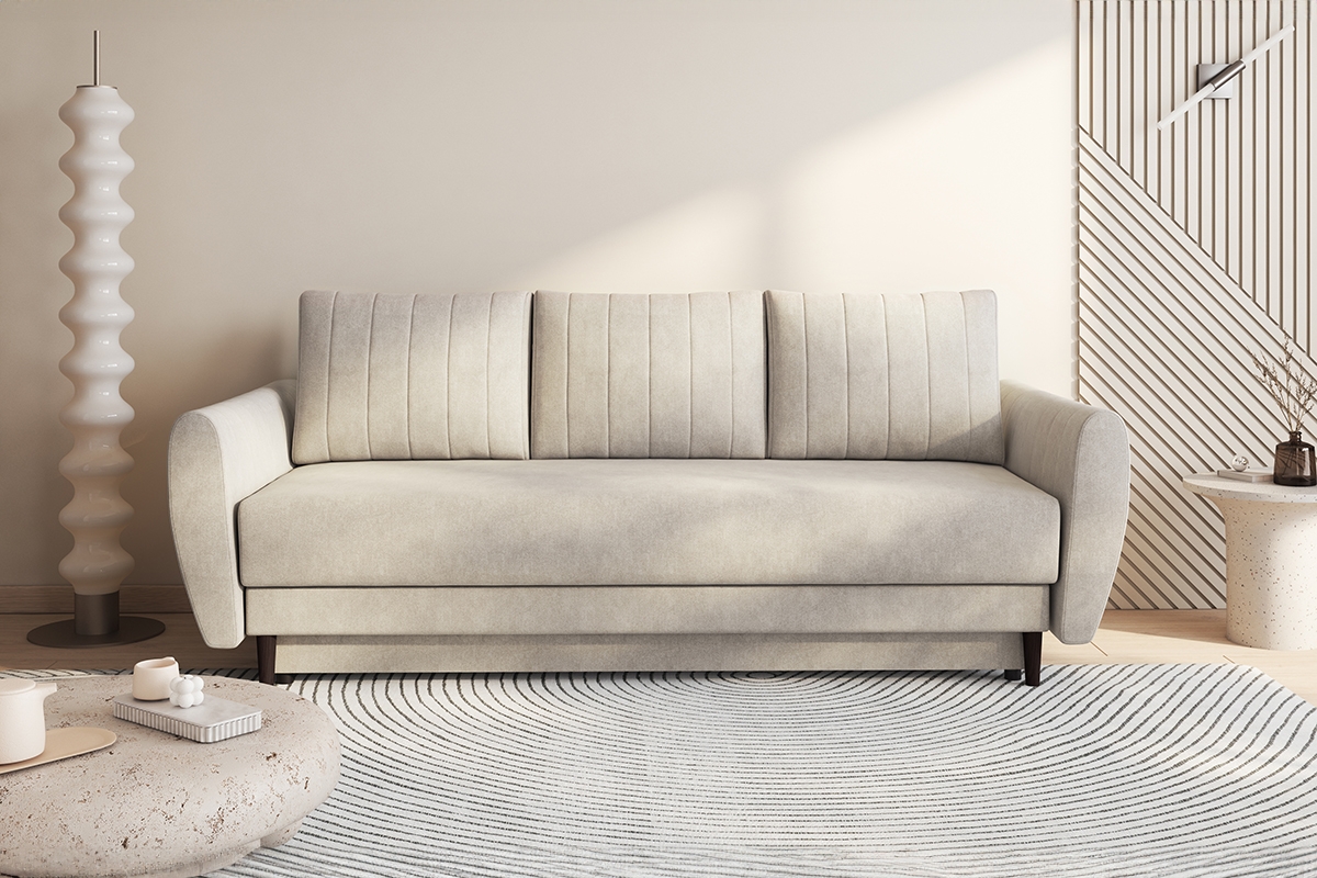 Rozkládací gauč Mikni s úložným prostorem - krémový hydrofobní samet / nožky venge Gauč Rozkladací s úložným prostorem Mikni