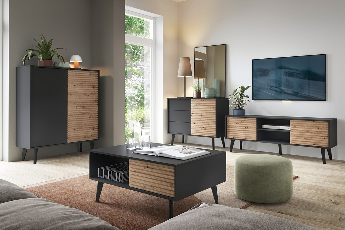 TV stolík Elemoz 154 cm s frézovaným čelom i otvorenými policami - čierna / artisan TV skrinka Elemoz 154 cm s frézovaným frontom i wnekami - Čierny / artisan - vizualizácia