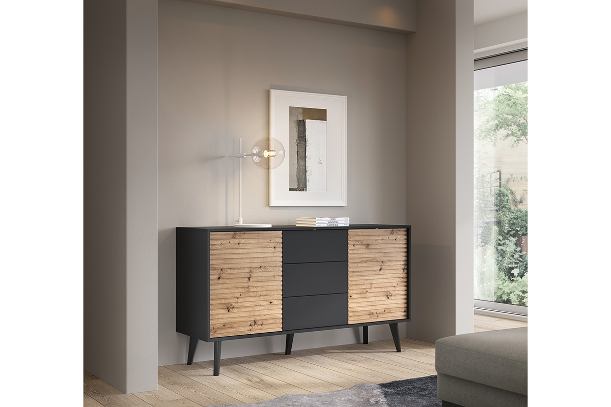 Komoda dvojdverová so zásuvkami Elemoz 154 cm - čierny / Dub artisan Komoda dvojdverová so zásuvkami Elemoz 154 cm - Čierny / Dub artisan - vizualizácia