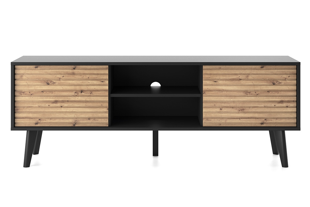 TV stolík Elemoz 154 cm s frézovaným čelom i otvorenými policami - čierna / artisan TV skrinka Elemoz 154 cm s frézovaným frontom i wnekami - Čierny / artisan - Predná časť